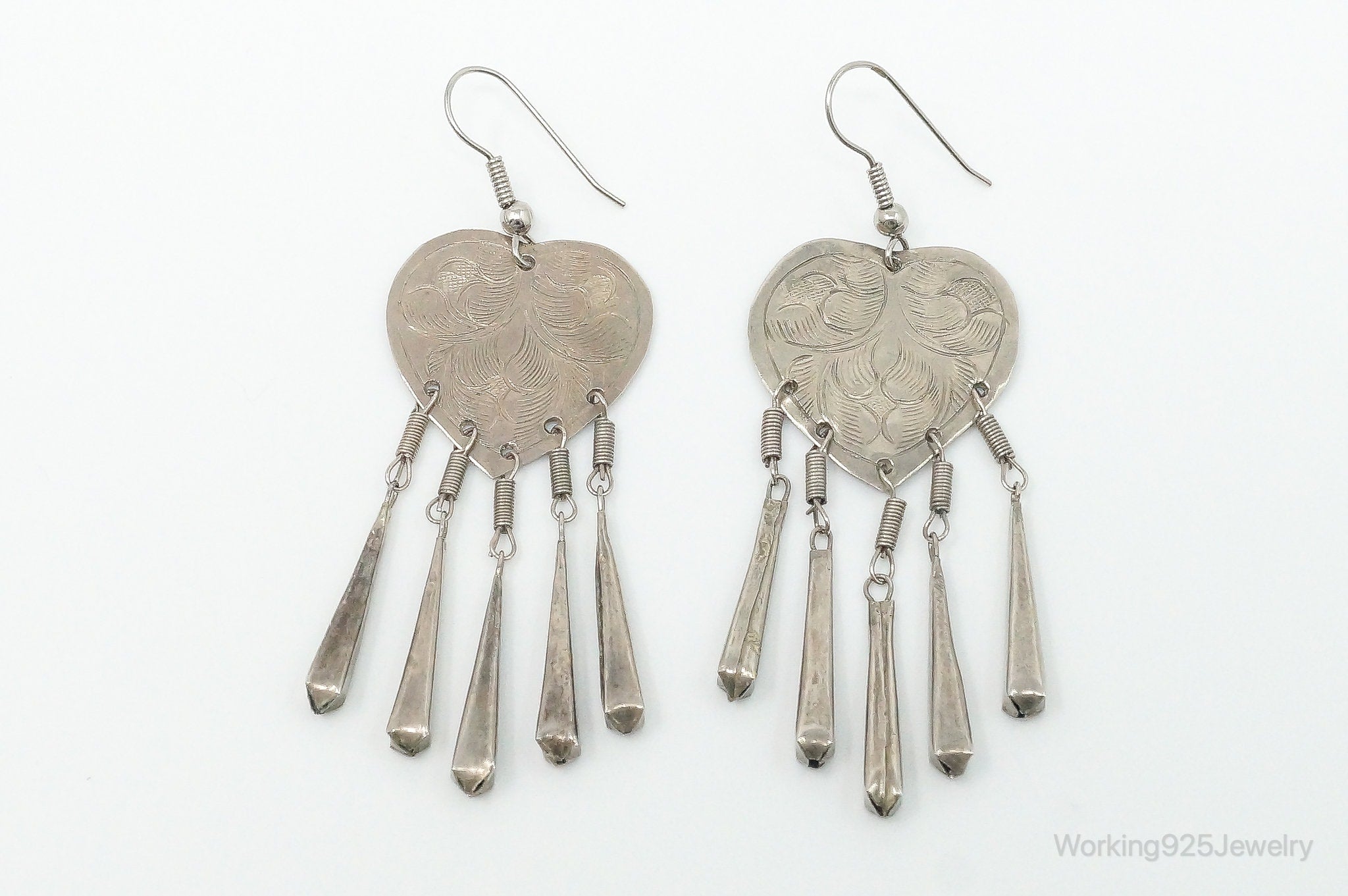 VTG ATQ Etched Hearts Sterling Silver Earrings