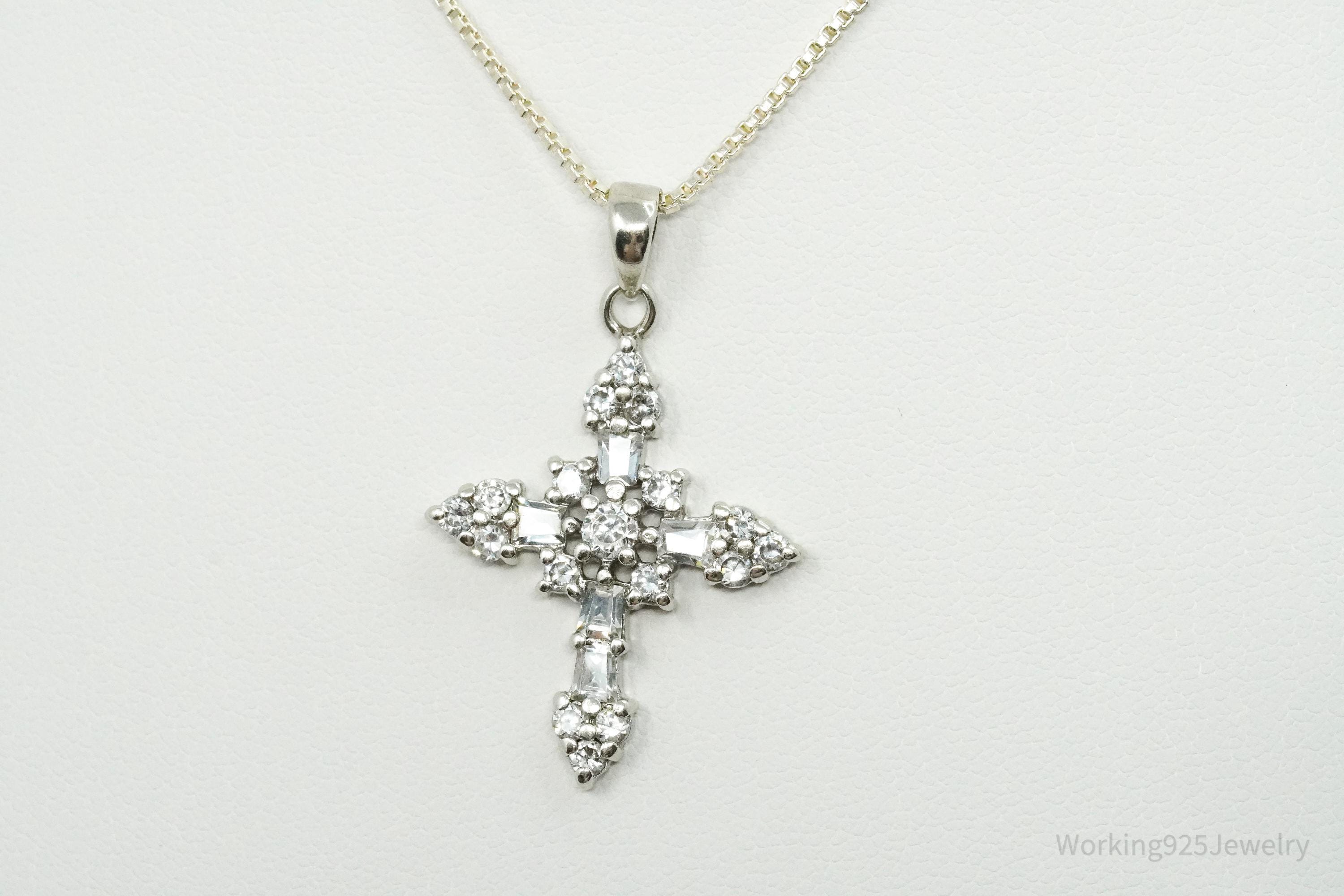 Vintage Cubic Zirconia Cross Sterling Silver Necklace 18"