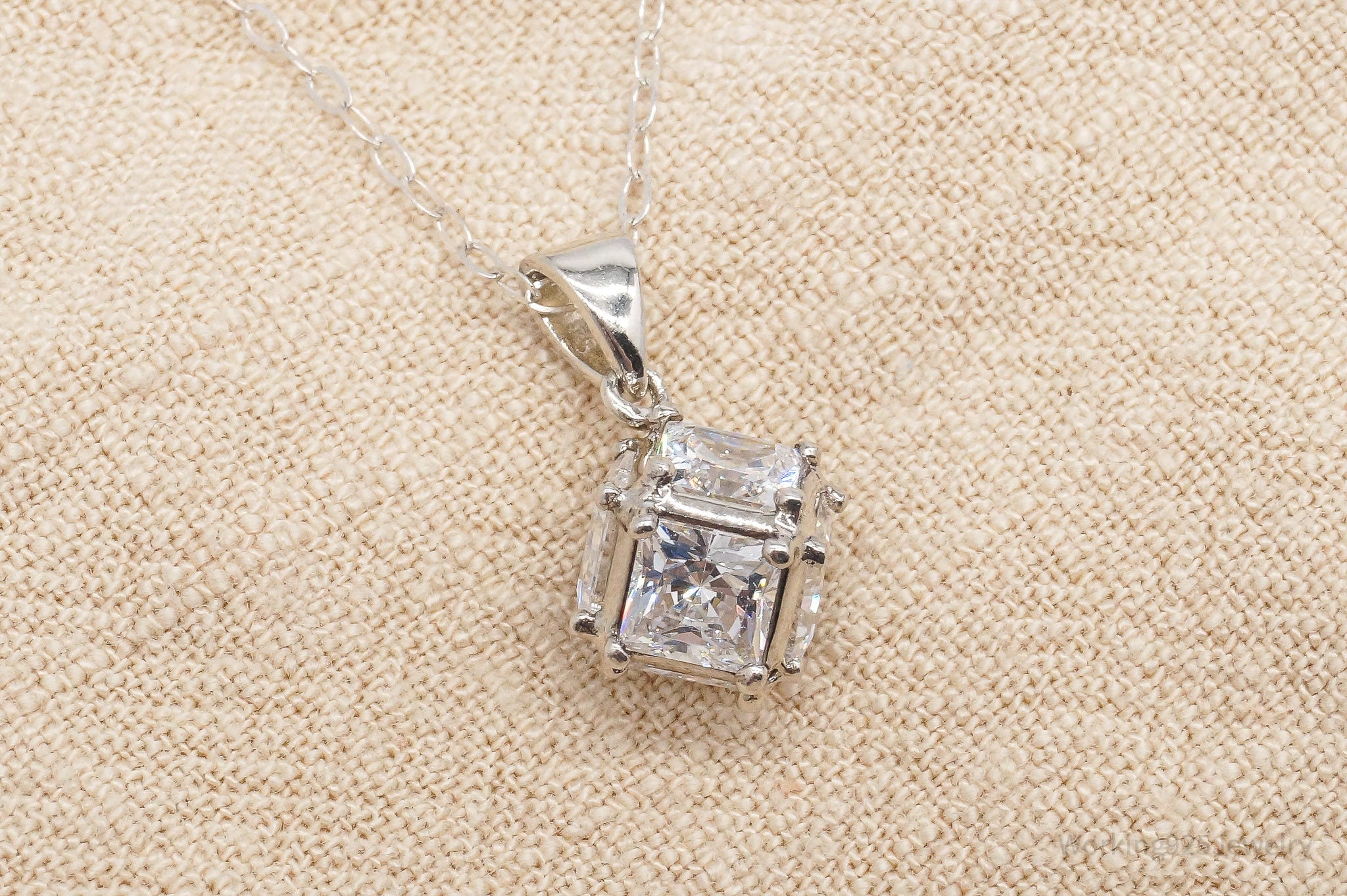 Vintage Cubic Zirconia Cube Sterling Silver Necklace 16"