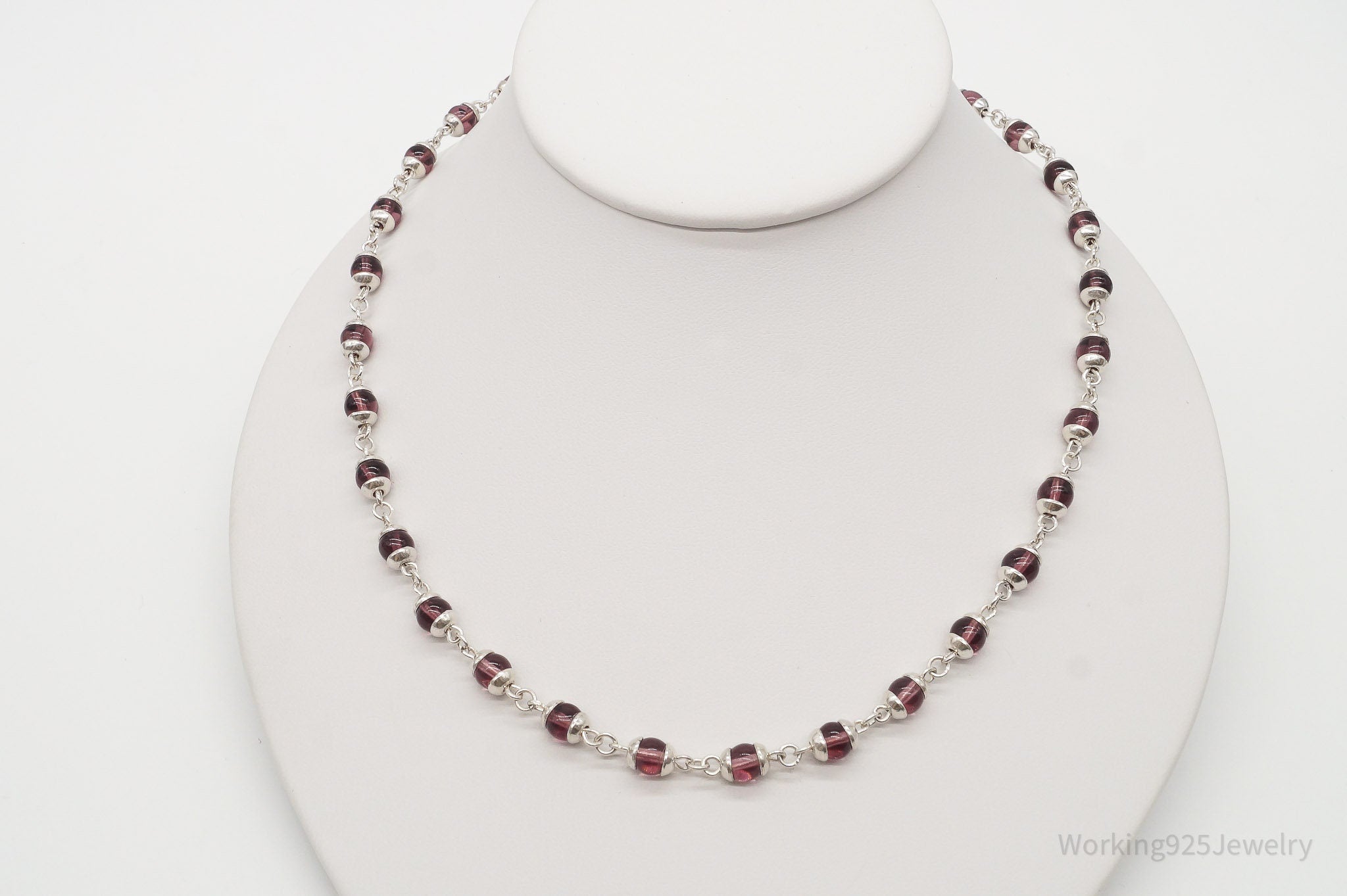 Vintage Modernist Mexico Sterling Silver Purple Beads Necklace 21"