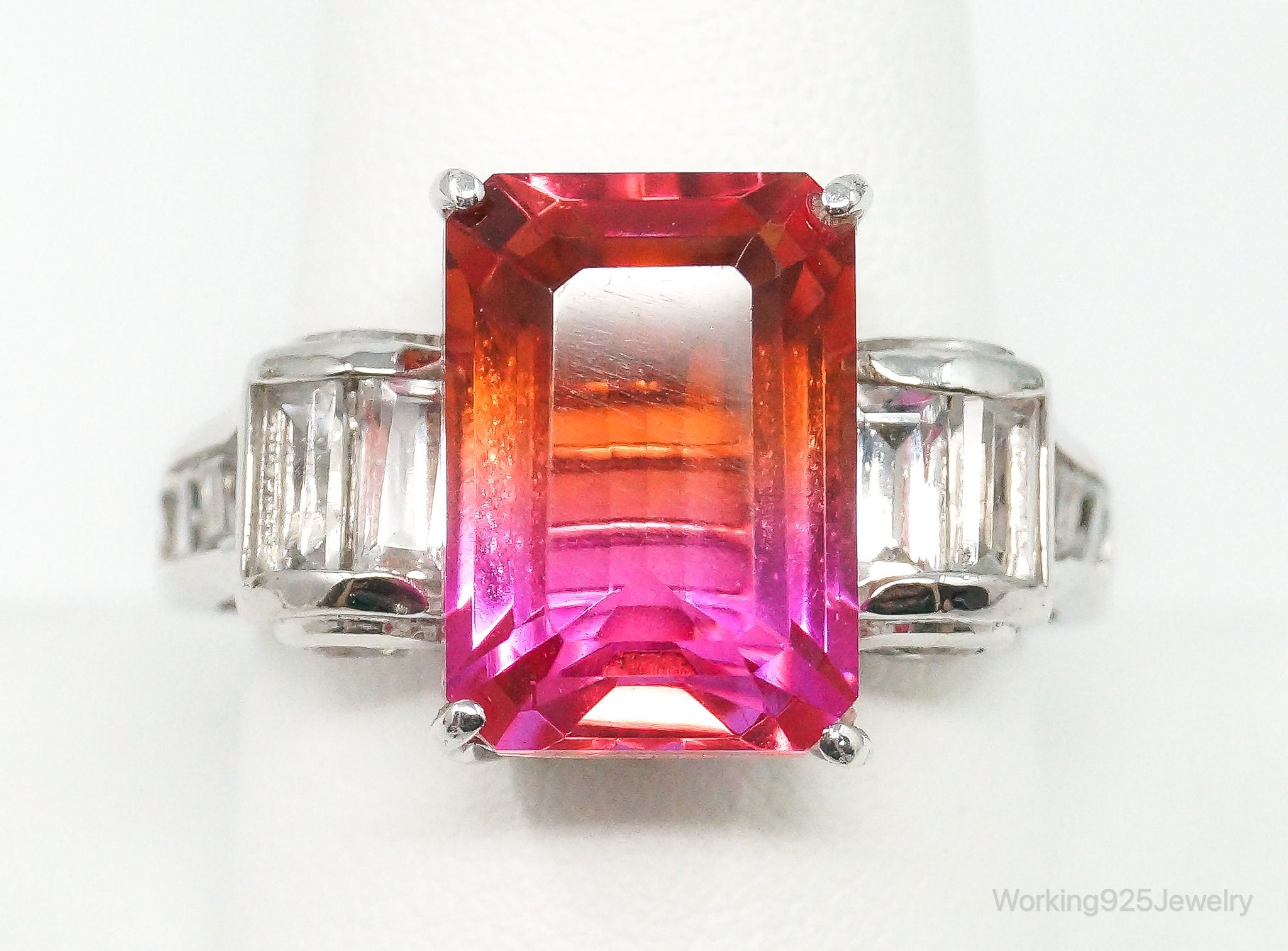 Vintage Large Orange Pink Quartz Cubic Zirconia Sterling Silver Ring Size 10