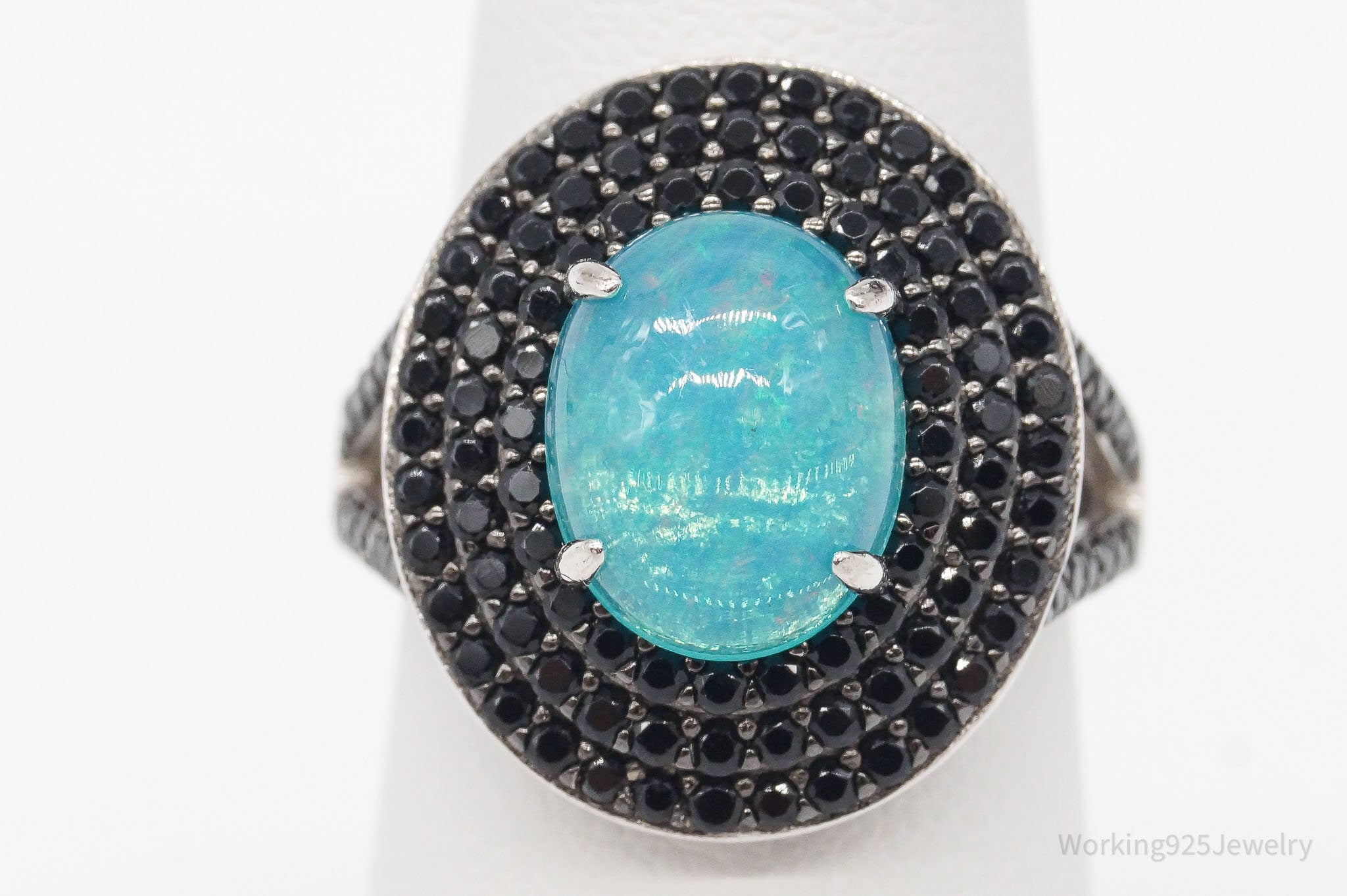 Designer Blue Fire Opal and Black Spinel Sterling Silver Ring - Size 6.25