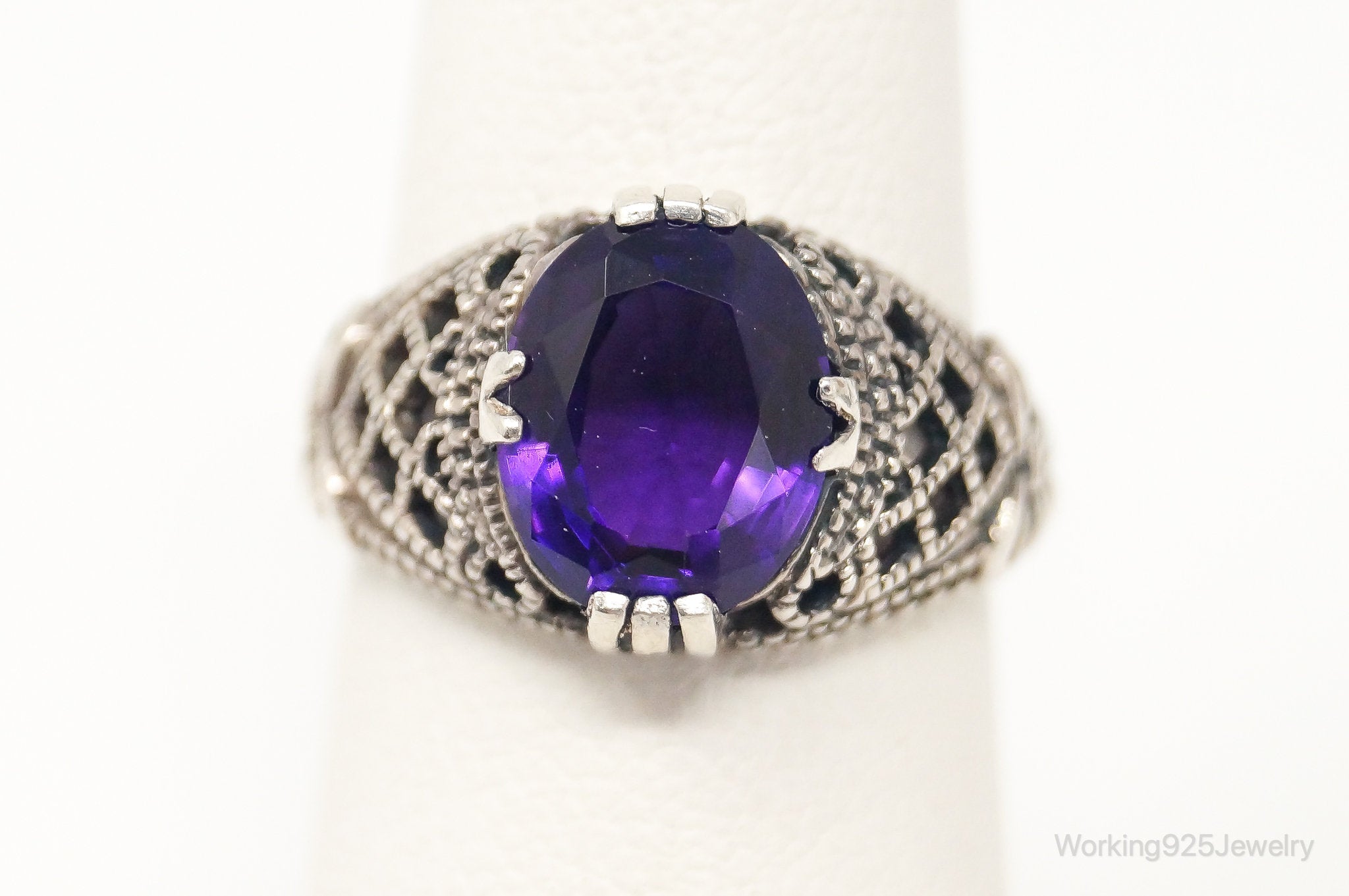 Vintage Large Amethyst Sterling Silver Art Deco Ring - Sz 5.75