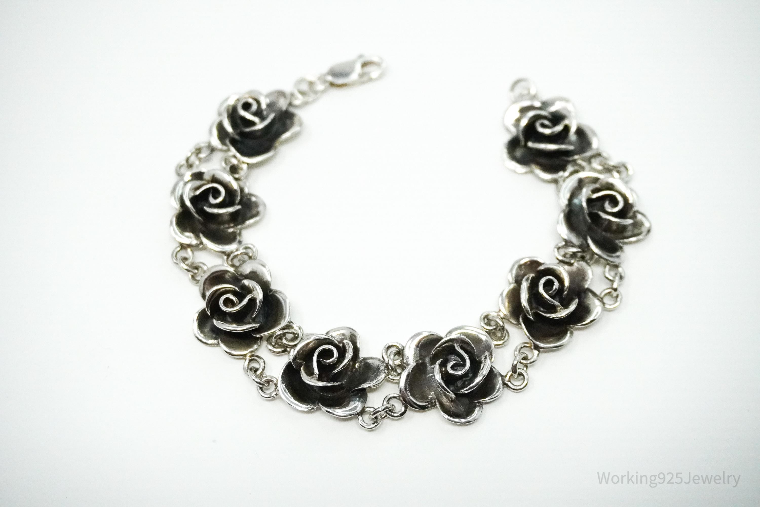 Vintage Roses Sterling Silver Bracelet 7.75"
