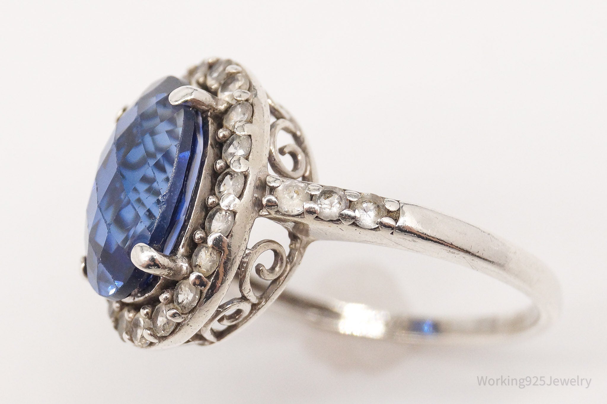 Vintage Blue & White Lab Sapphire Sterling Silver Ring - Size 7.5