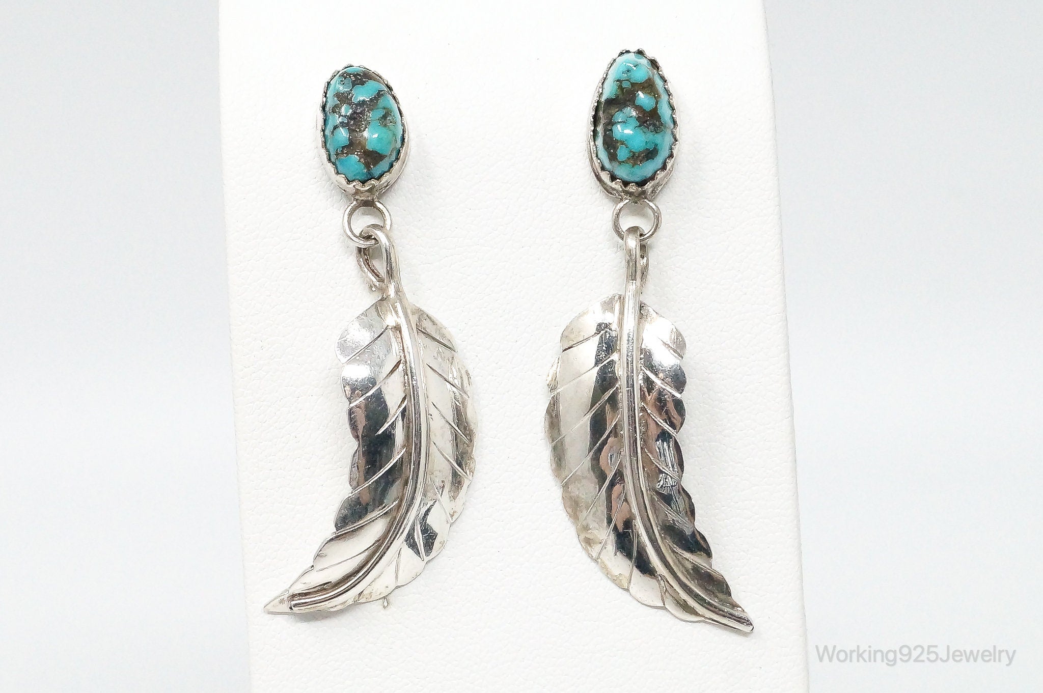 Vintage Native American Turquoise Feather Sterling Silver Earrings