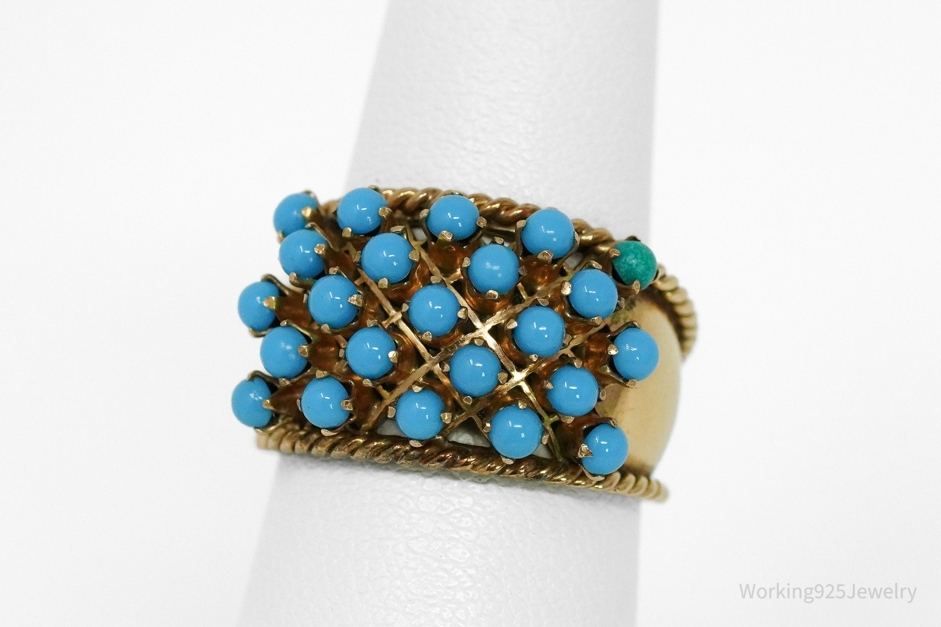 14K Yellow Gold & Turquoise Glass Cabochon Cocktail Ring - Size 6.25