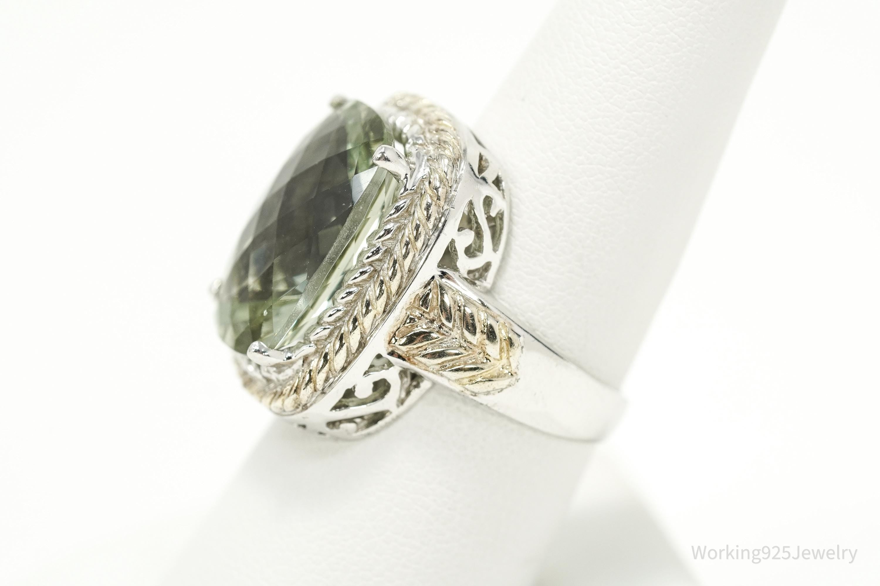 Vintage Large Prasiolite Gold Vermeil Sterling Silver Statement Ring - Size 8.25