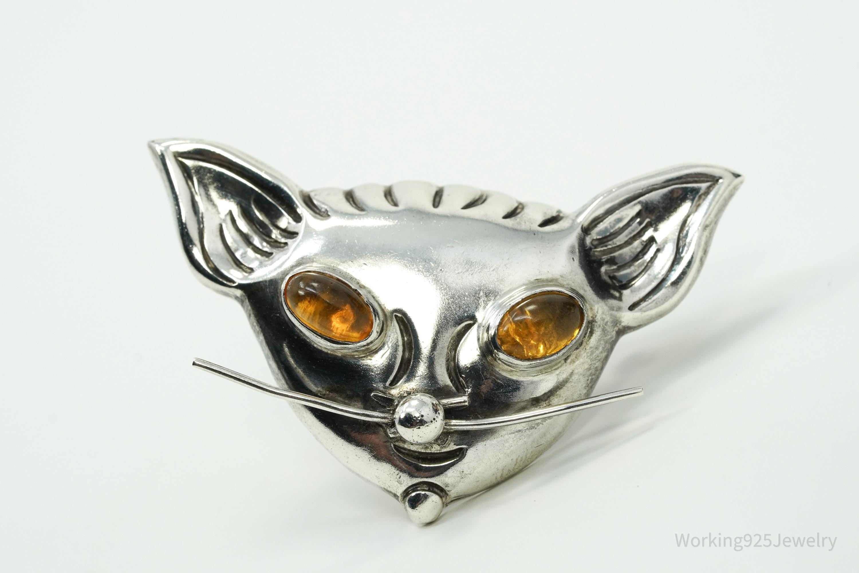 Large Vintage Mexico Amber Eyes Cat Head Sterling Silver Brooch Pin