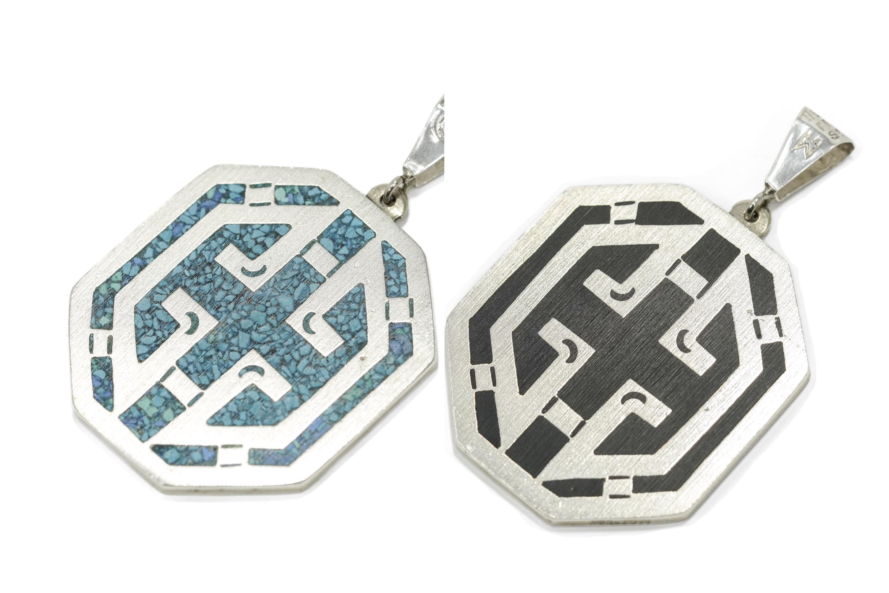 Vintage Large Mexico Inlay Reversible Sterling Silver Necklace Pendant