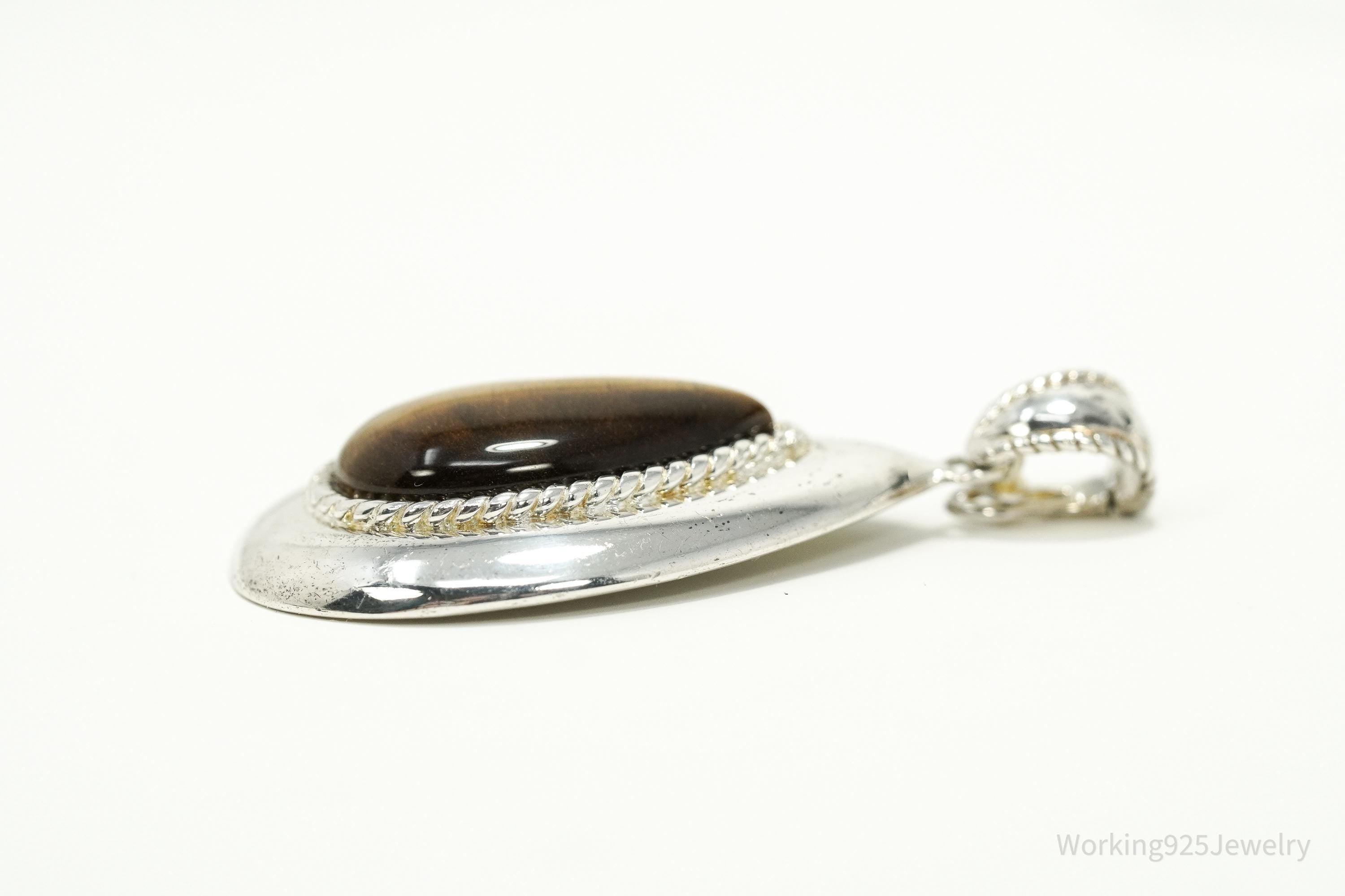 Vintage Large Teardrop Tigers Eye Sterling Silver Necklace Pendant 2"