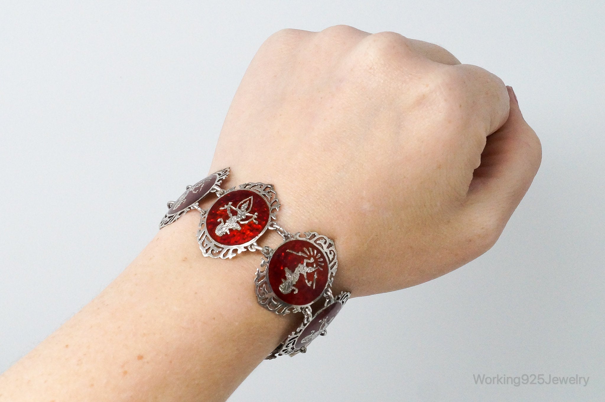 Vintage SIAM Red Enamel Lightening Dancer Sterling Silver Bracelet