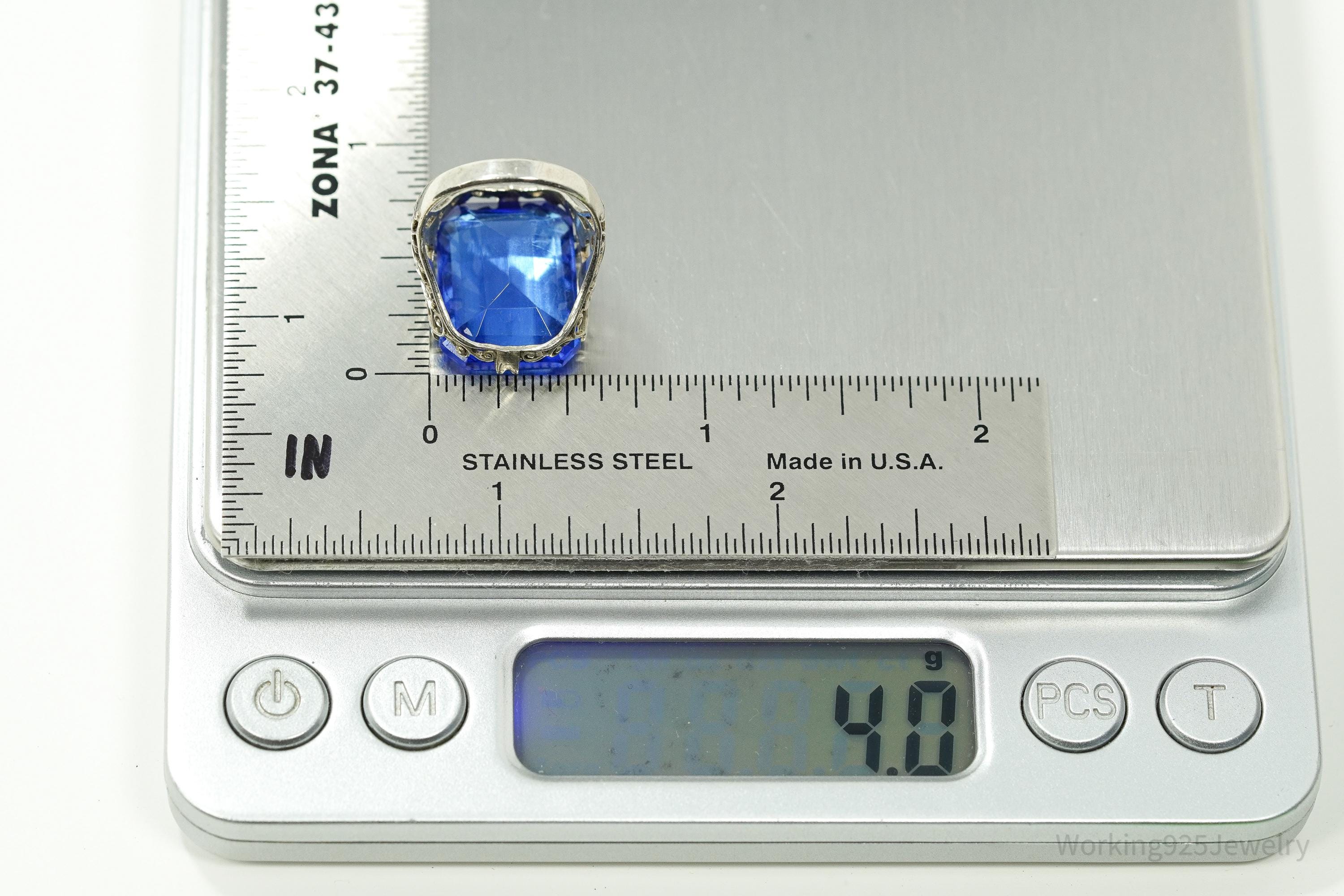 Antique Blue Art Glass Sterling Silver Ring - Size 5.25