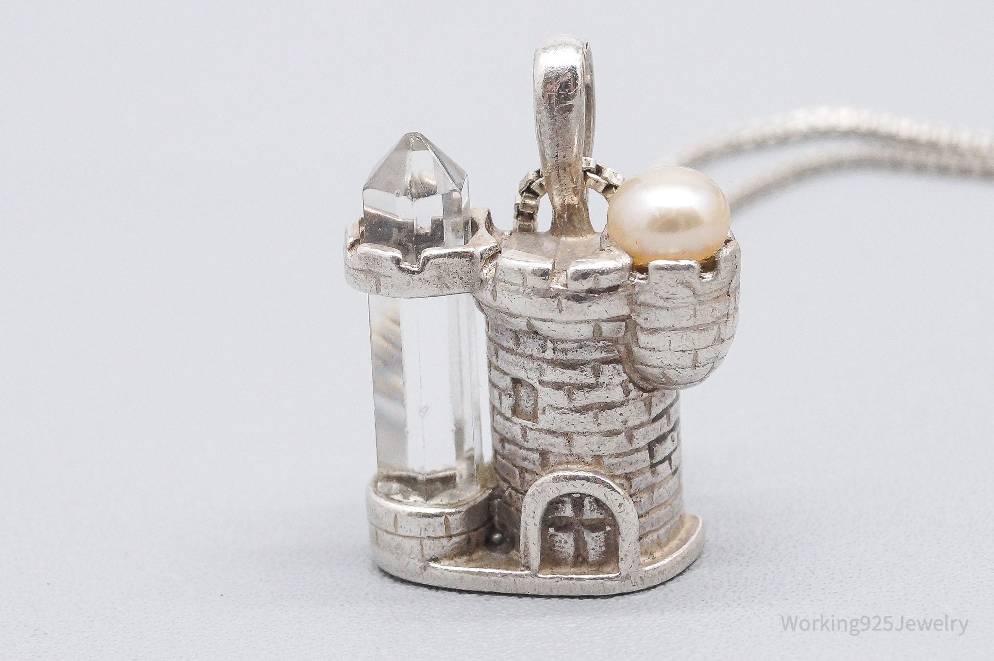 Vintage Pearl & Crystal Castle Sterling Silver Necklace 18"
