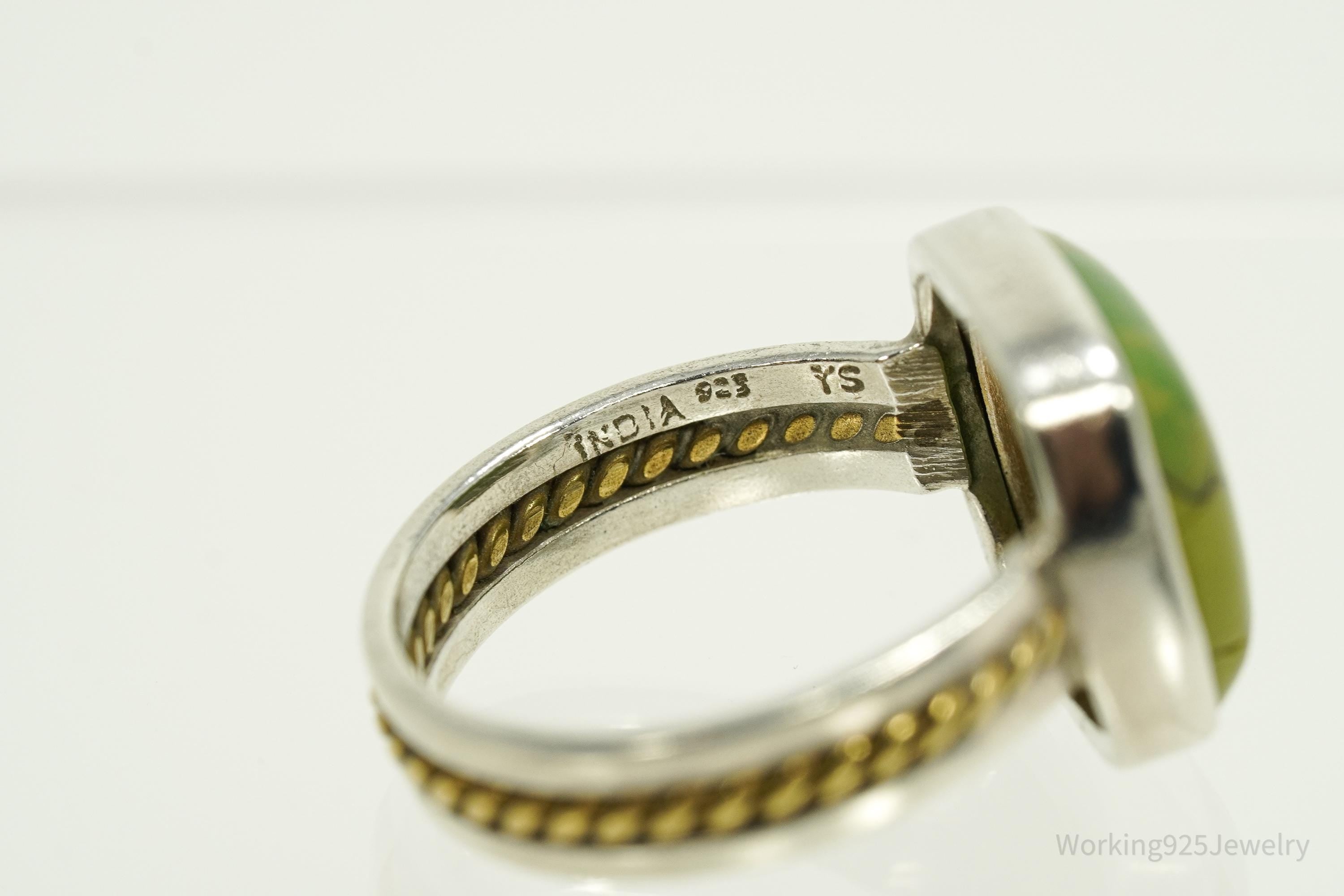 Vintage India Designer YS Green Copper Turquoise Two Tone Sterling Silver Ring - Size 9