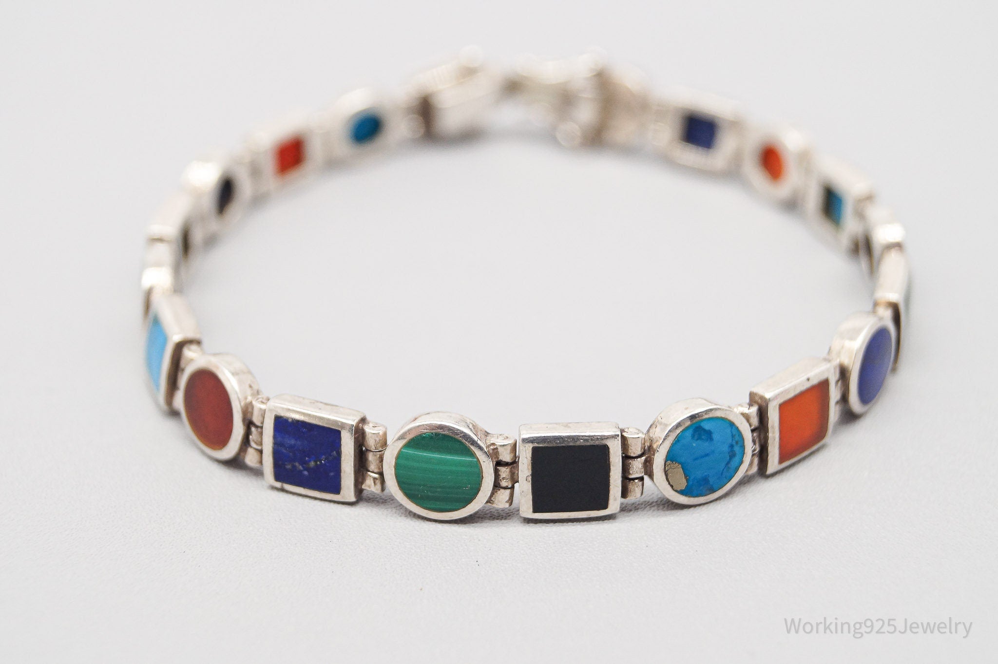 Vintage Multi Gemstone Inlay Sterling Silver Bracelet 8"