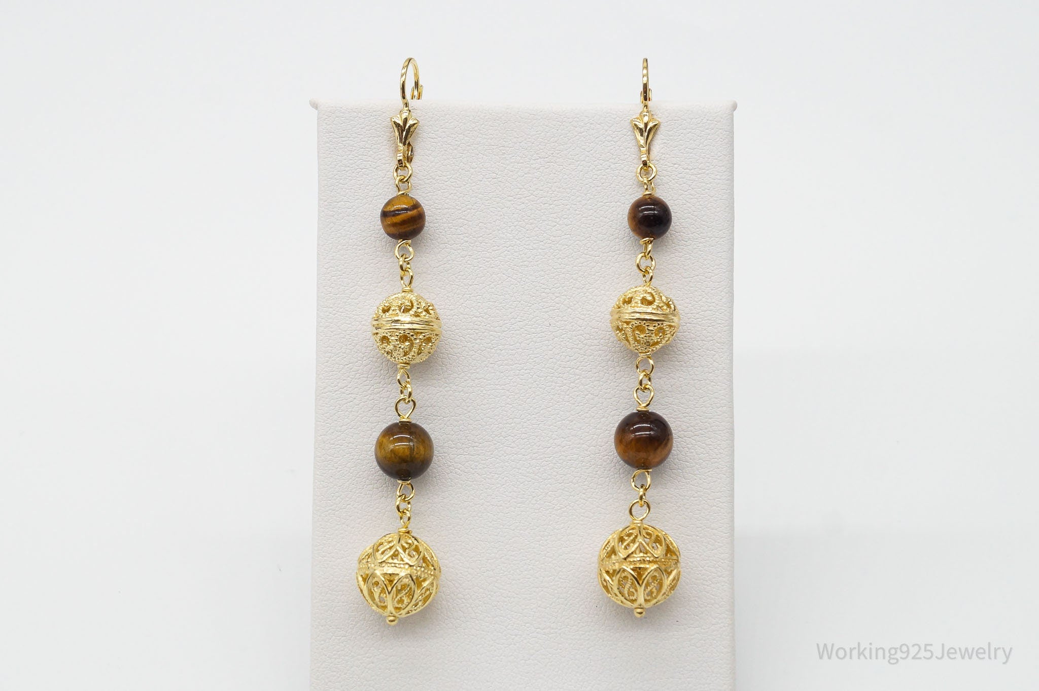 Vintage Tigers Eye Gold Vermeil Sterling Silver Earrings