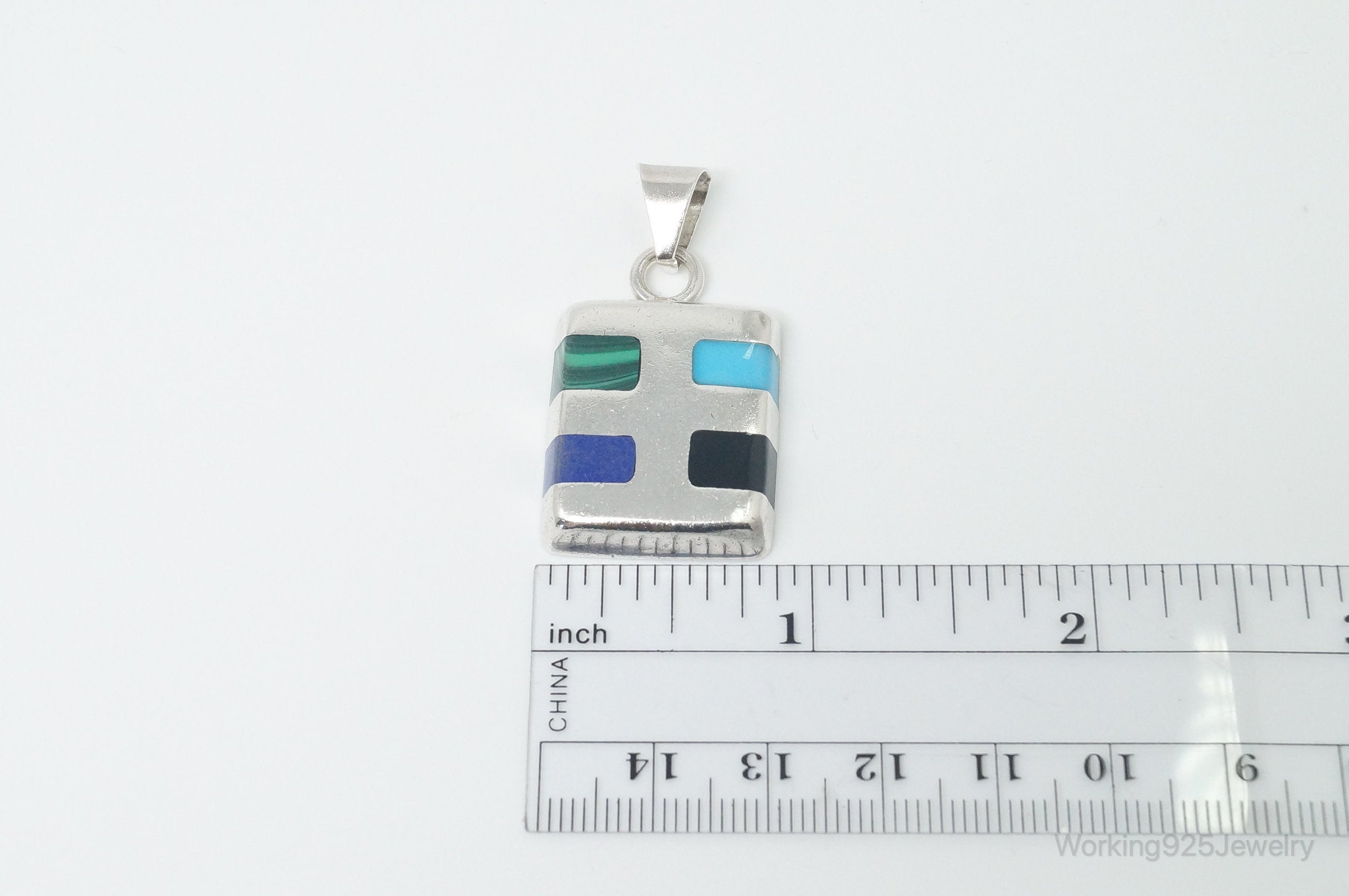 Vintage Mexico Designer ATI Multi Gem Southwestern Sterling Silver Pendant