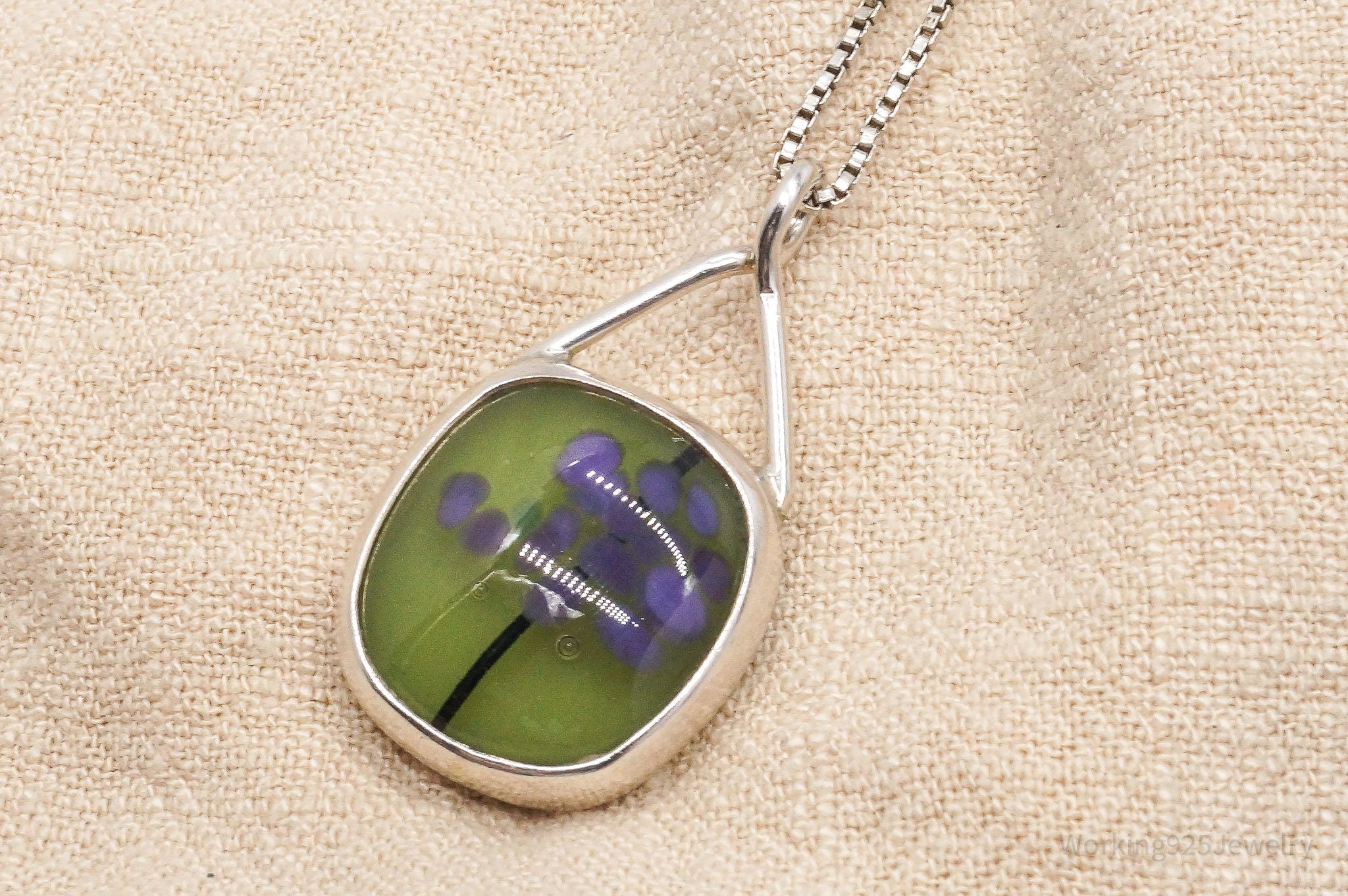 Vintage Abstract Glass Sterling Silver Necklace 17"