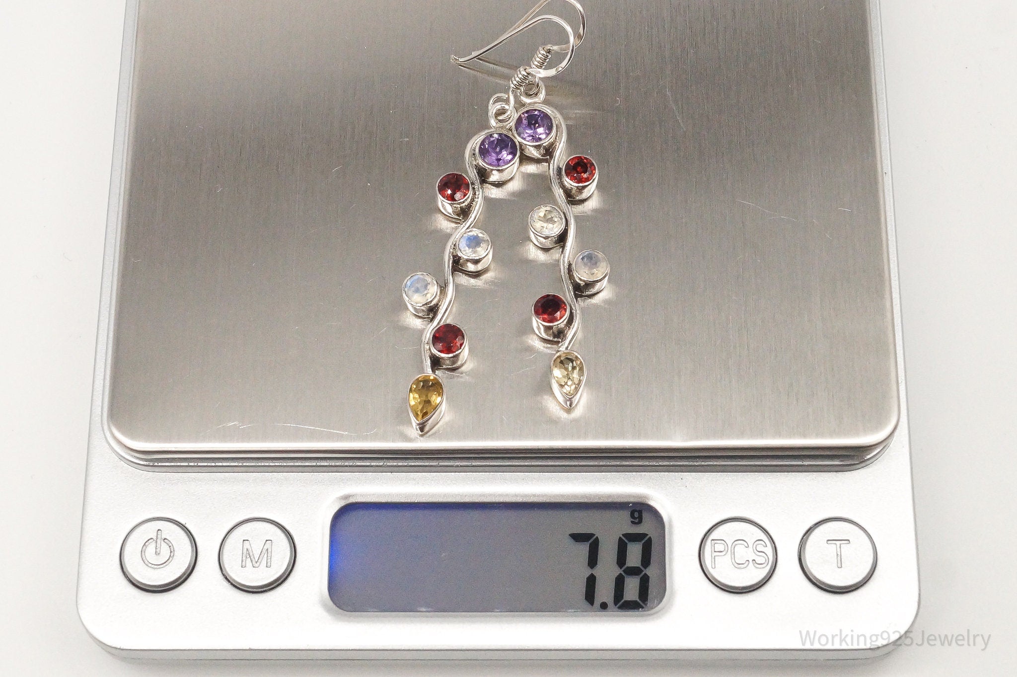 Vintage Multi Gemstones Sterling Silver Dangle Earrings