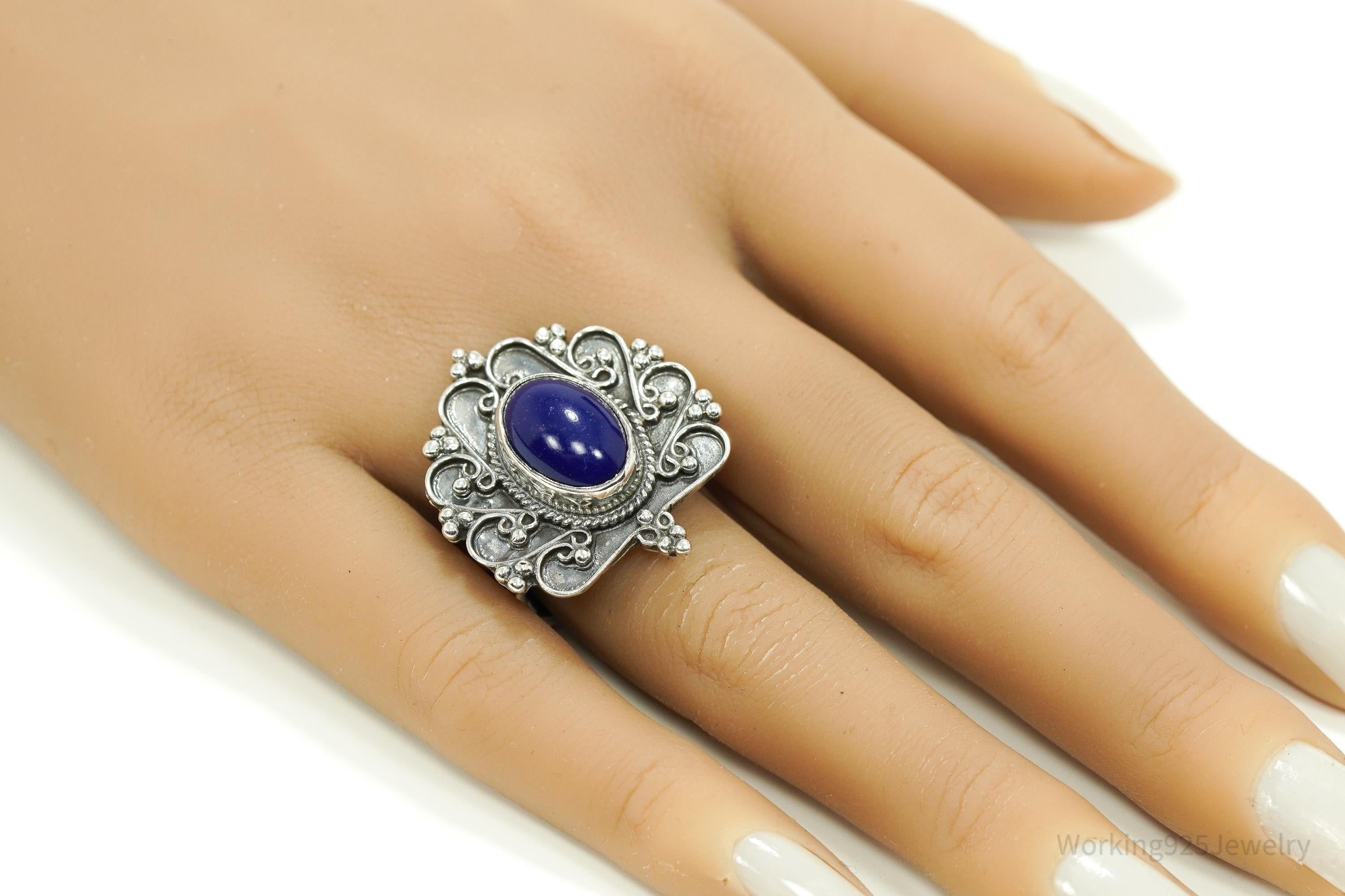 Vintage Egyptian Revival Style Blue Lapis Lazuli Silver Ring - Size 8.25