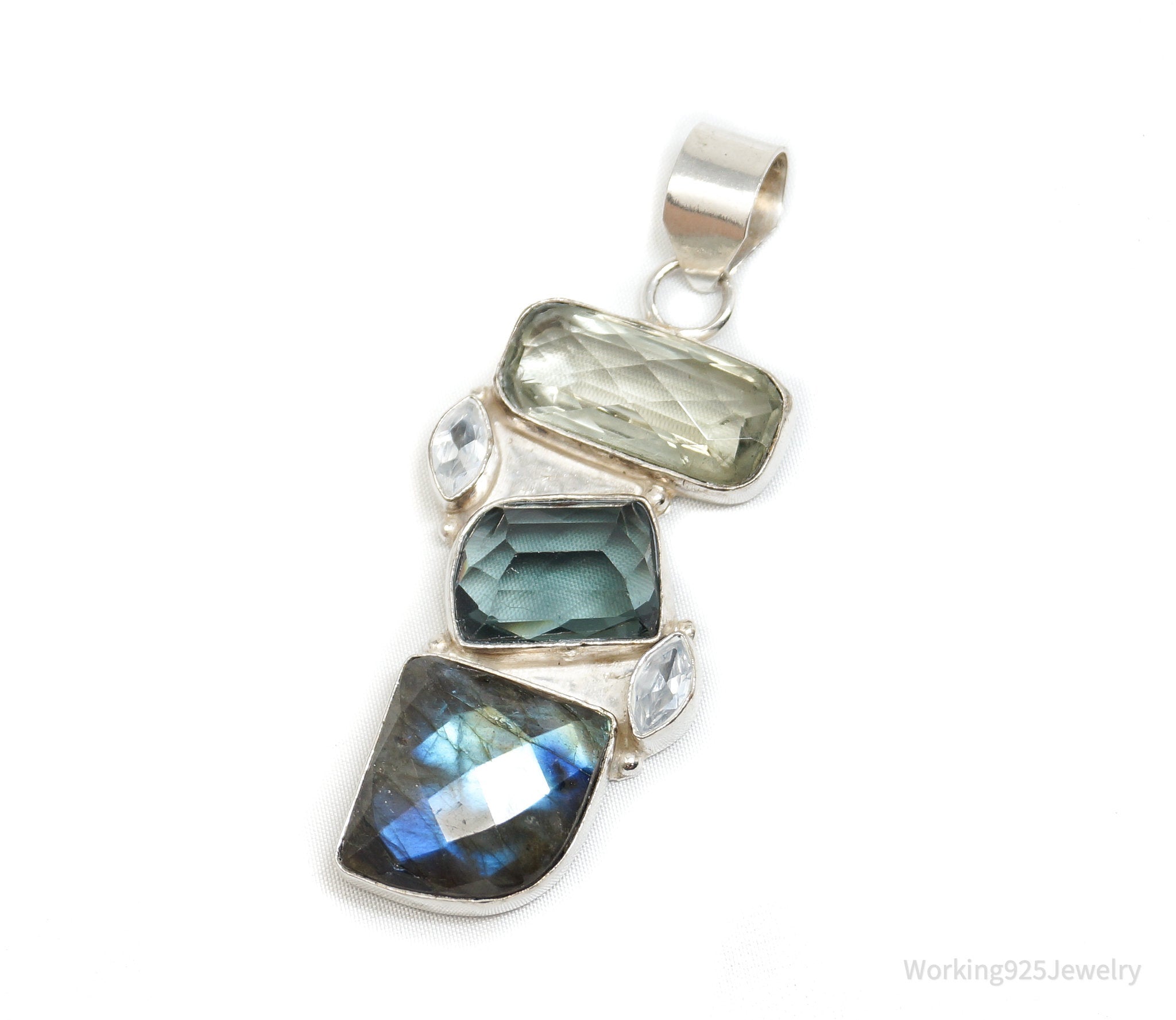 Vintage Large Labradorite Topaz Crystal Sterling Silver Necklace Pendant