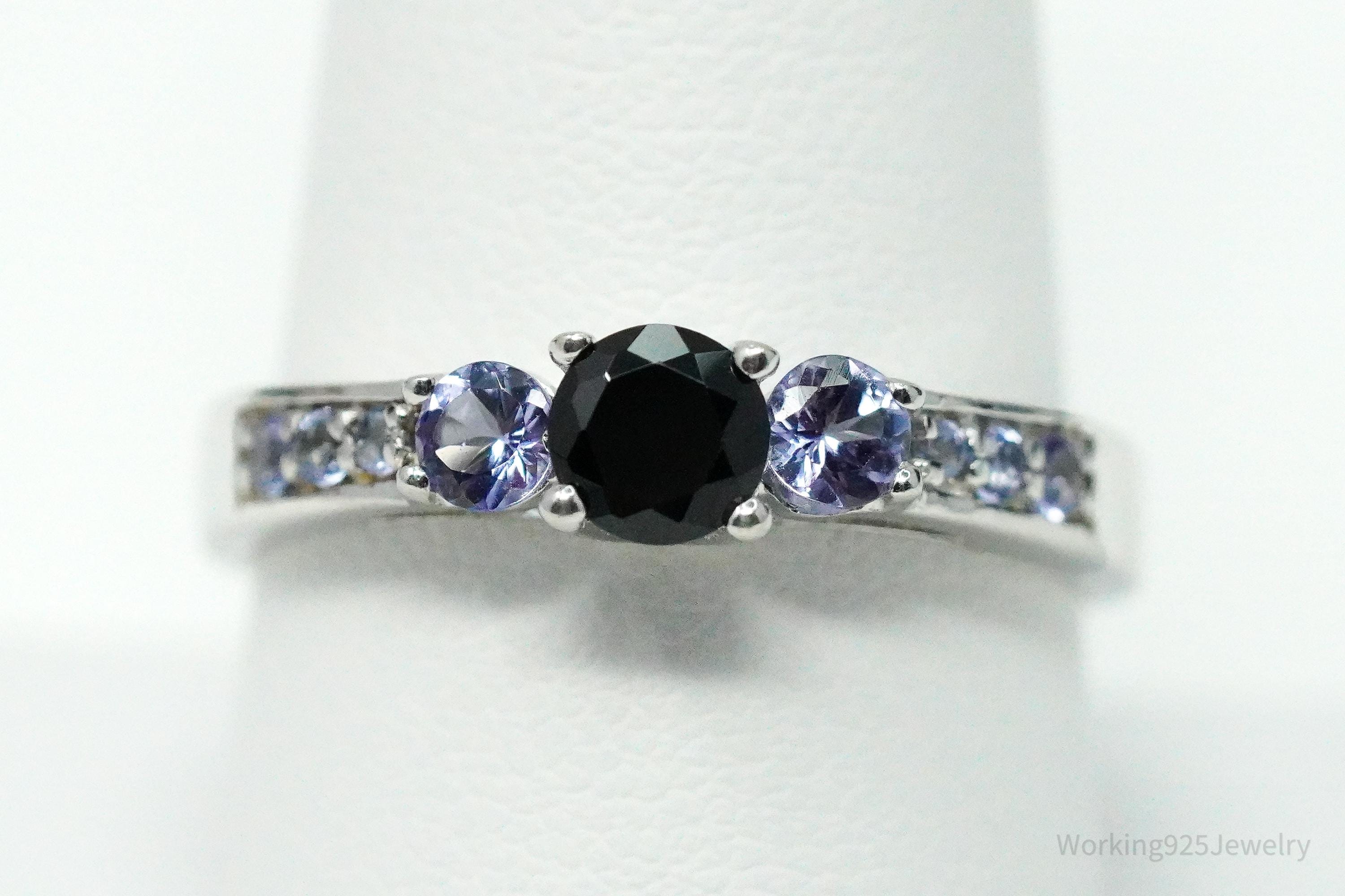 Vintage Black Tourmaline & Tanzanite Sterling Silver Ring - Size 9
