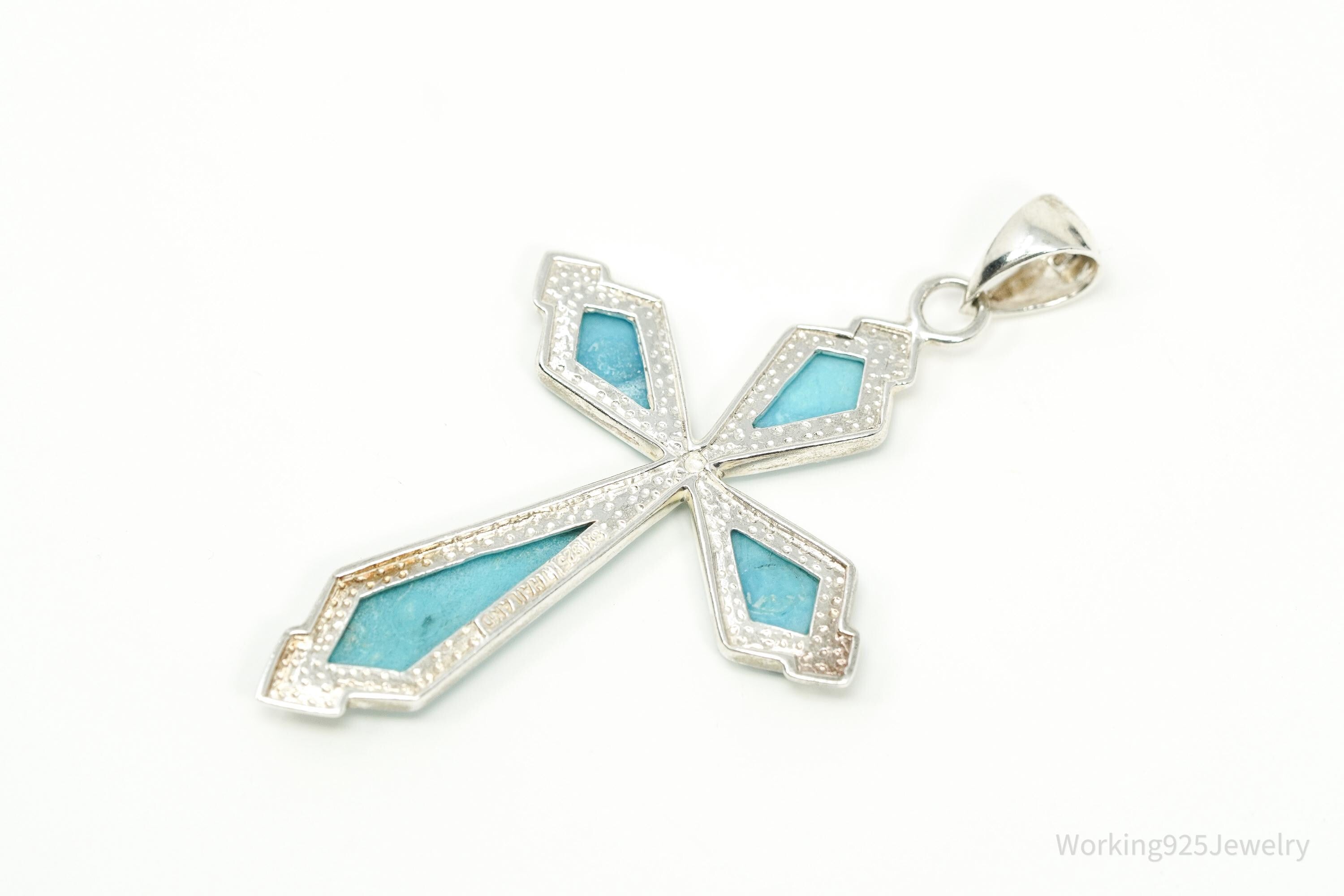 Large Vintage SX Designer Turquoise Inlay Cross Sterling Silver Pendant 3"