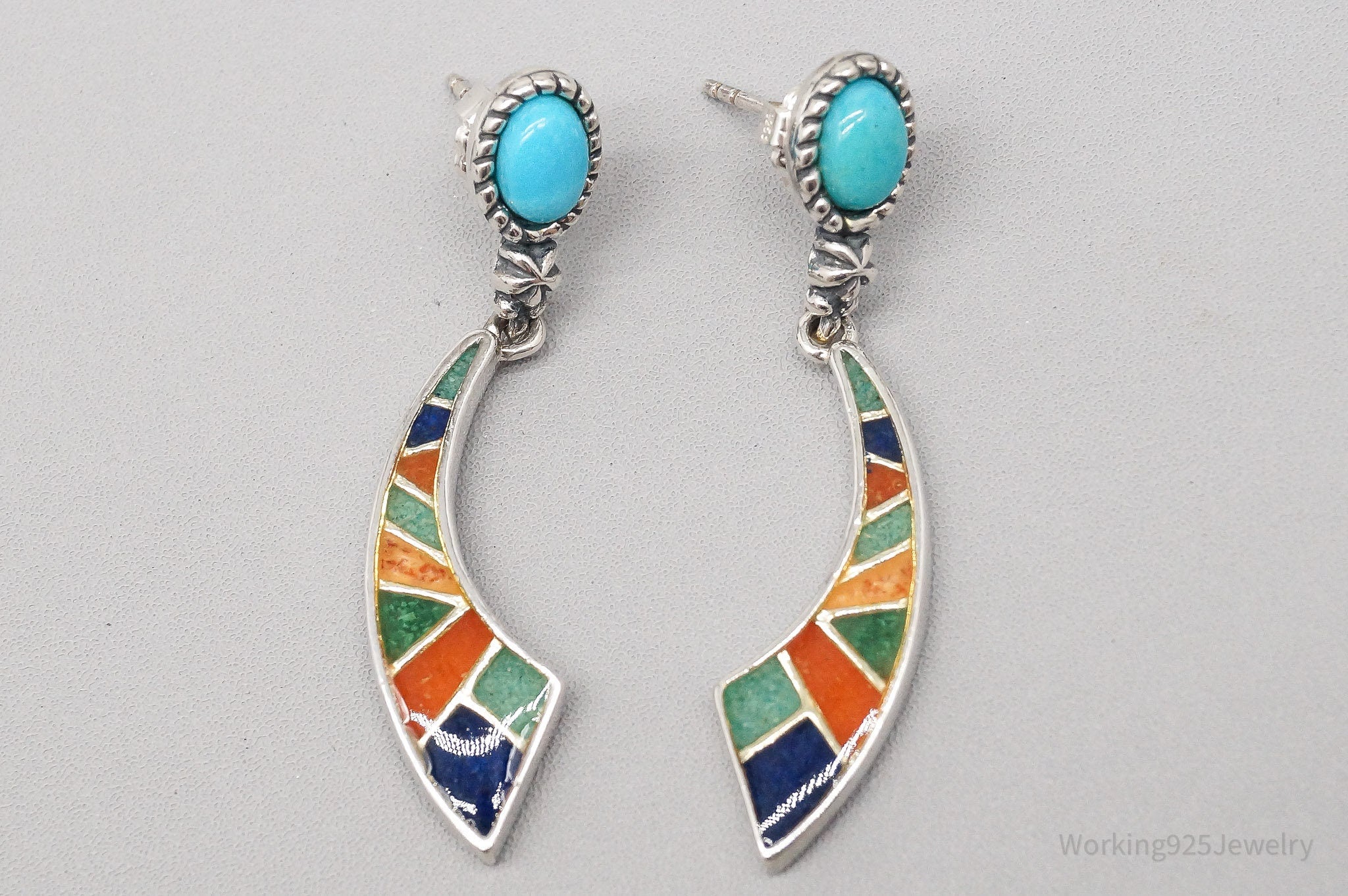 Vintage Native American Carolyn Pollack Relios Multi Gem Inlay Sterling Silver Earrings