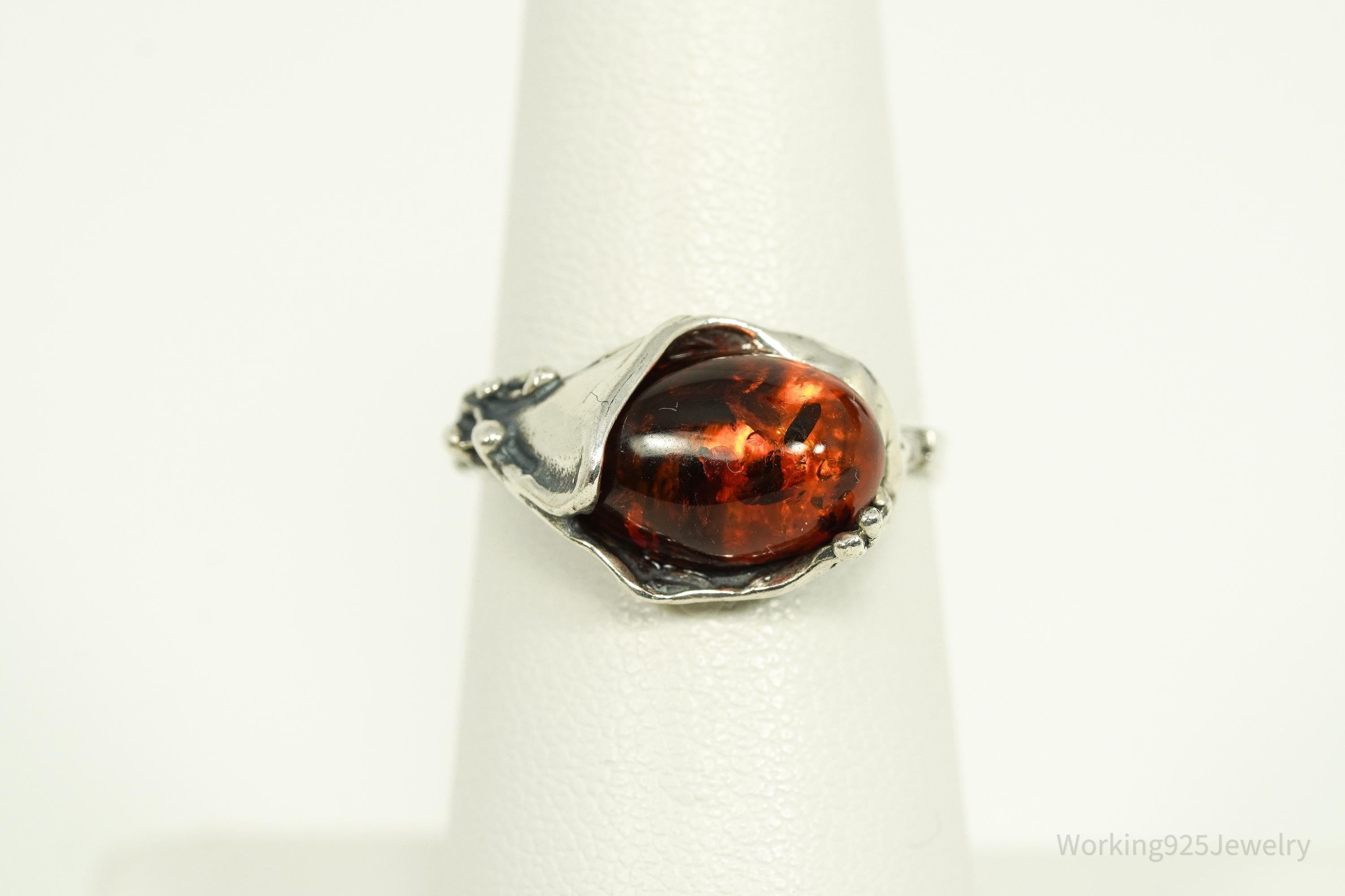Vintage Amber Modernist Style Sterling Silver Ring - Size 6.5