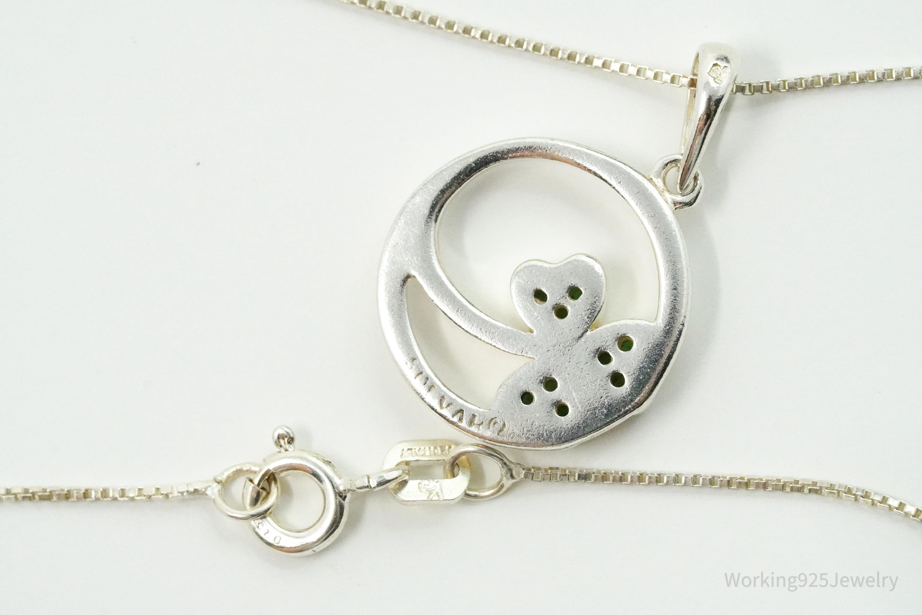 Vintage SOLVAR Three Leaf Clover Green Stone Sterling Silver Necklace - 16"