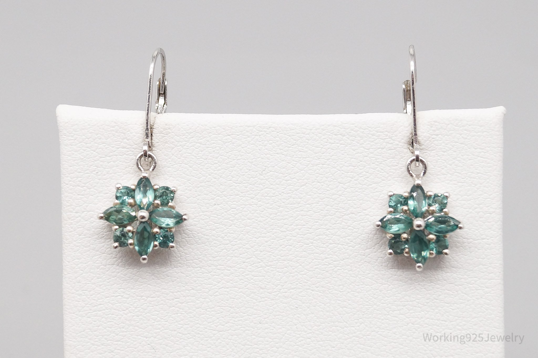 Vintage Teal Gemstone Sterling Silver Flower Earrings