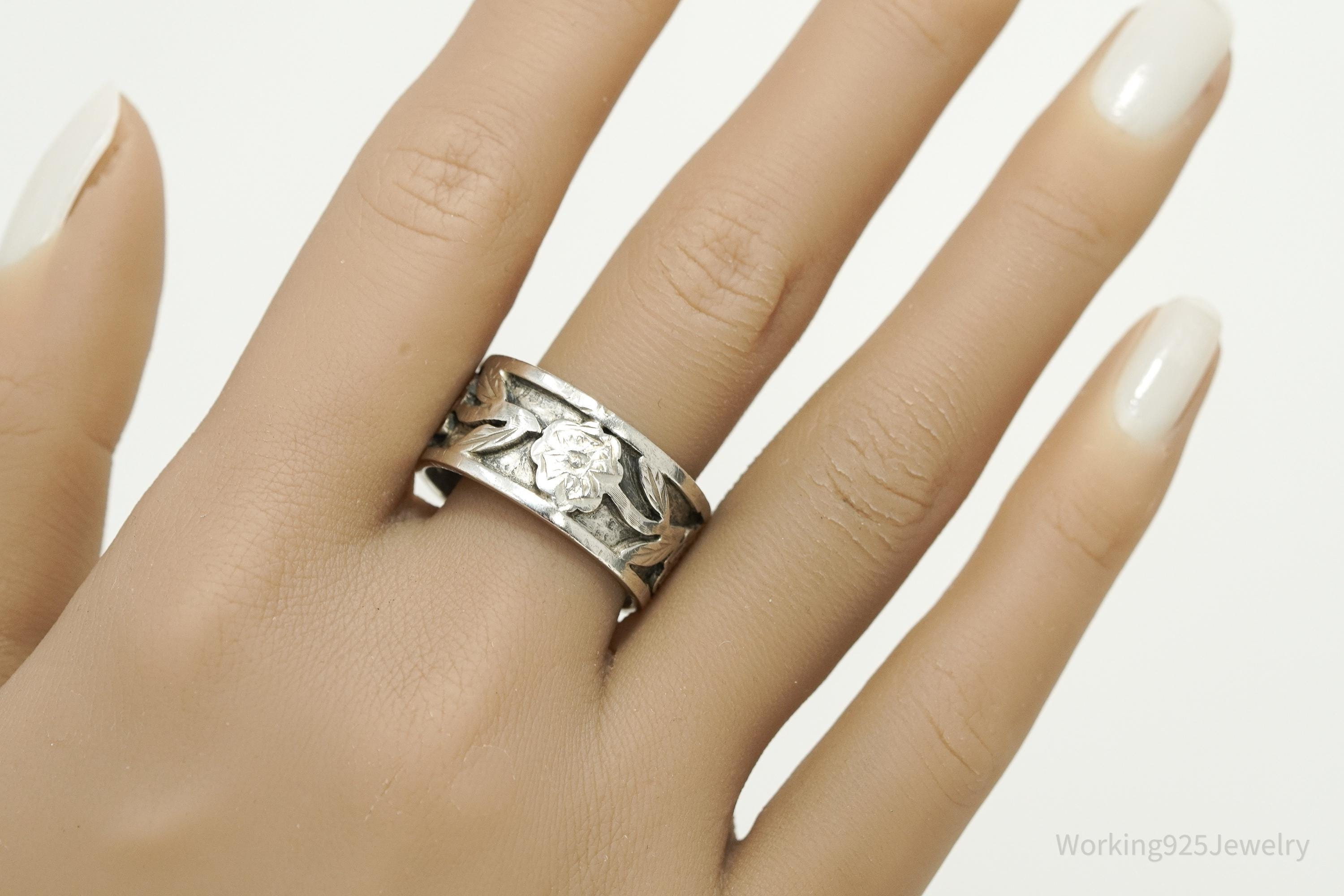 Vintage Mexico Flower Pattern Sterling Silver Ring - Size 12