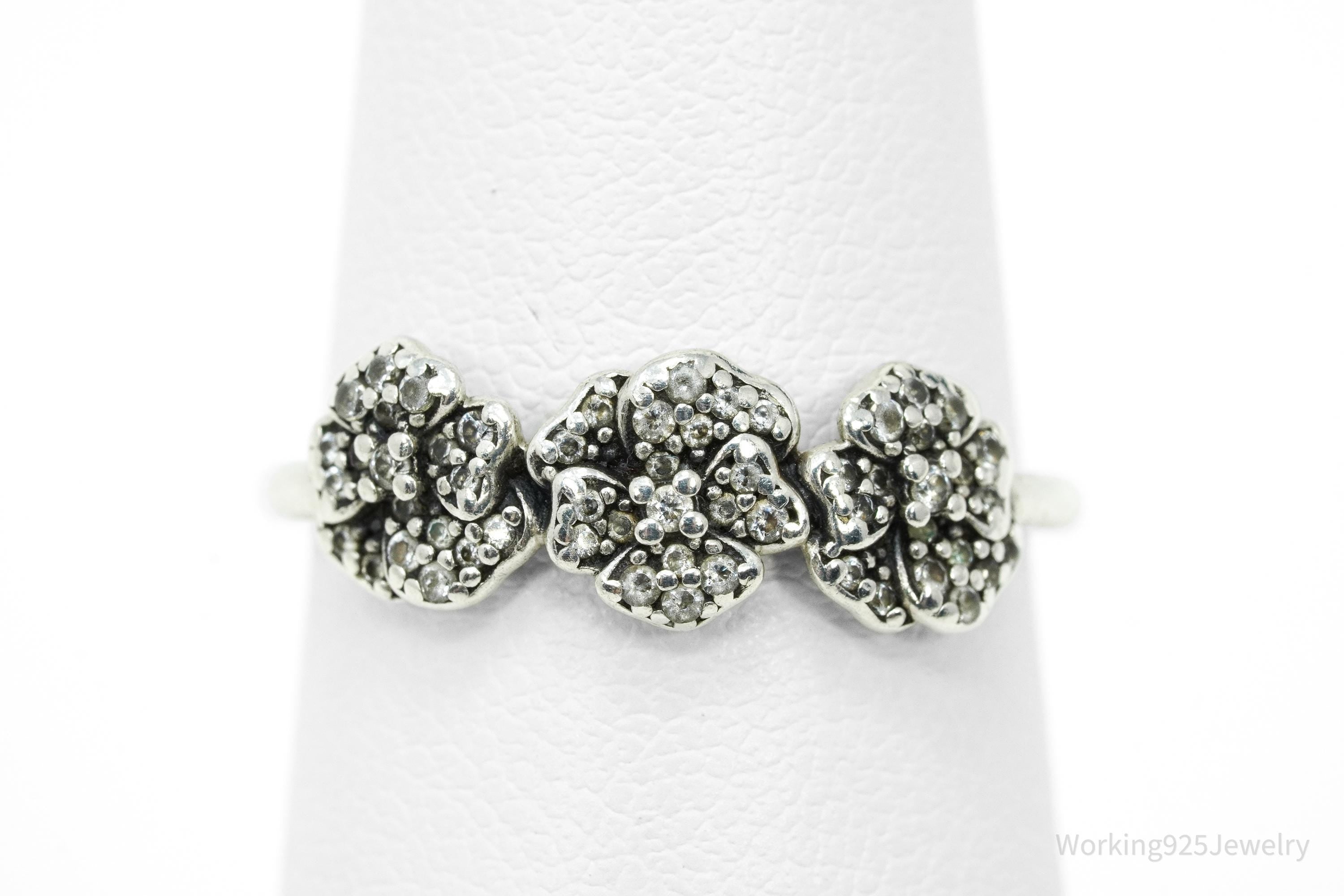 Designer Pandora Triple Pansies Cubic Zirconia Sterling Silver Ring - Size 6.75