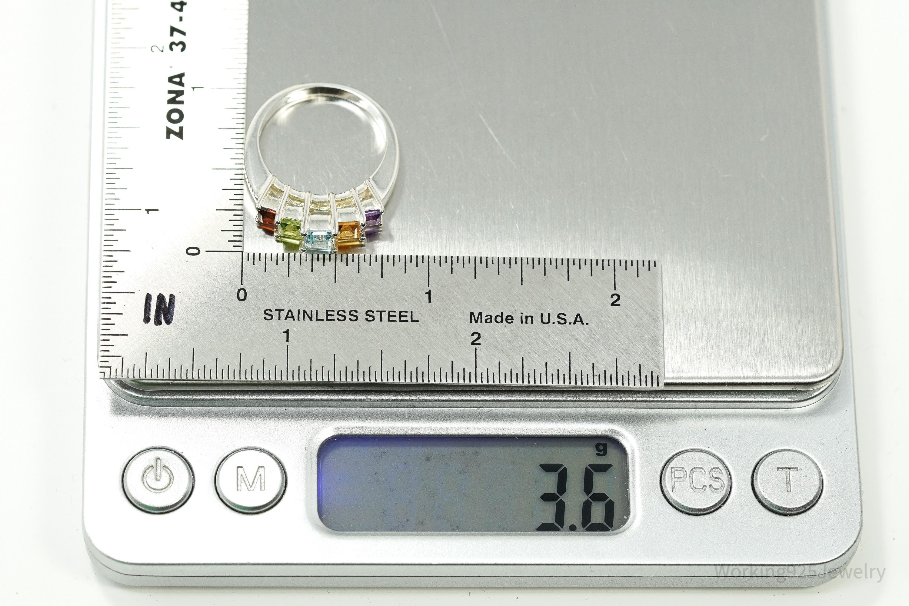 Vintage Rainbow Multi Gemstone Sterling Silver Band Ring – Size 7