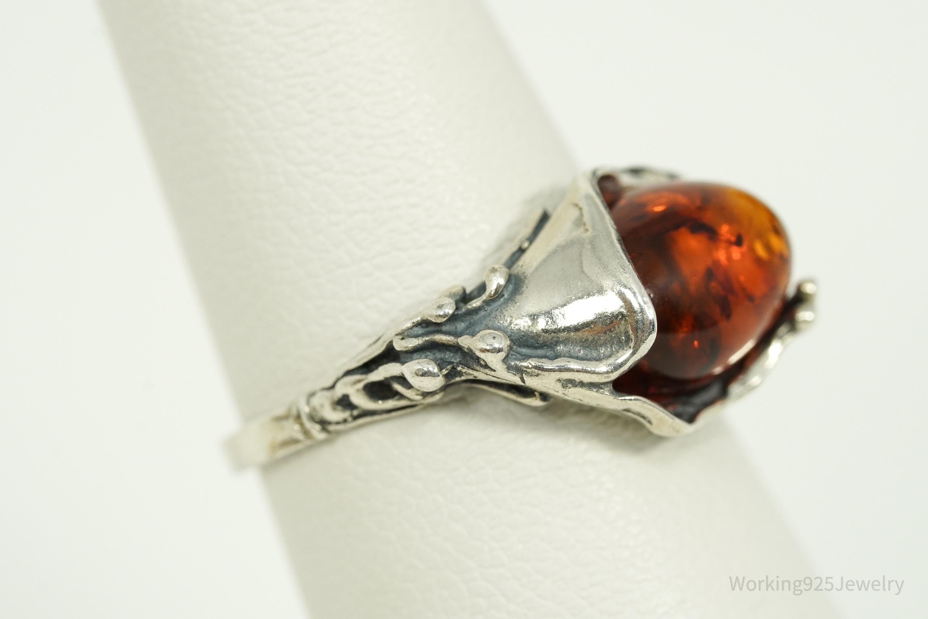 Vintage Amber Modernist Style Sterling Silver Ring - Size 6.5