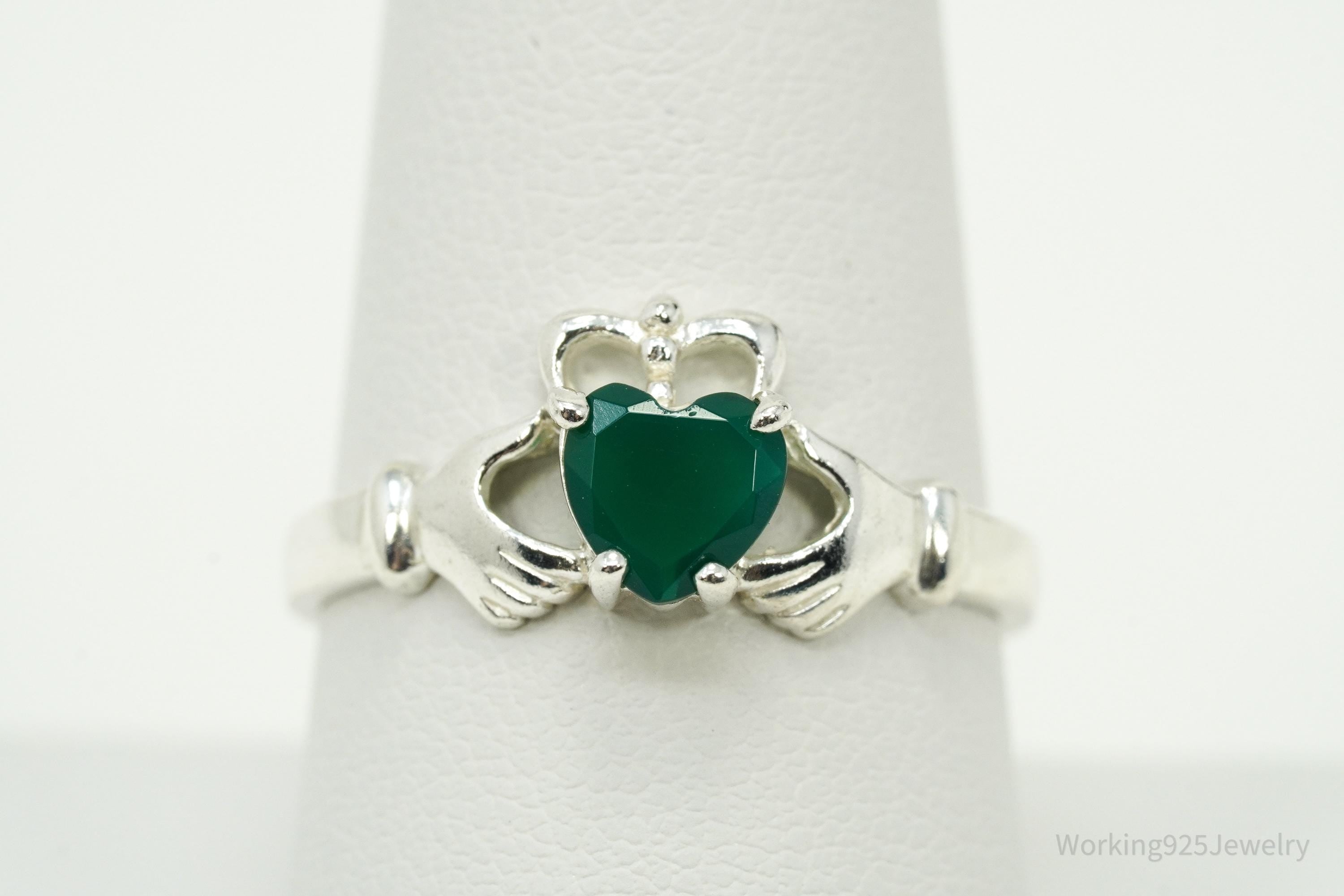 Vintage Green Onyx Heart Claddagh Sterling Silver Ring - Size 9