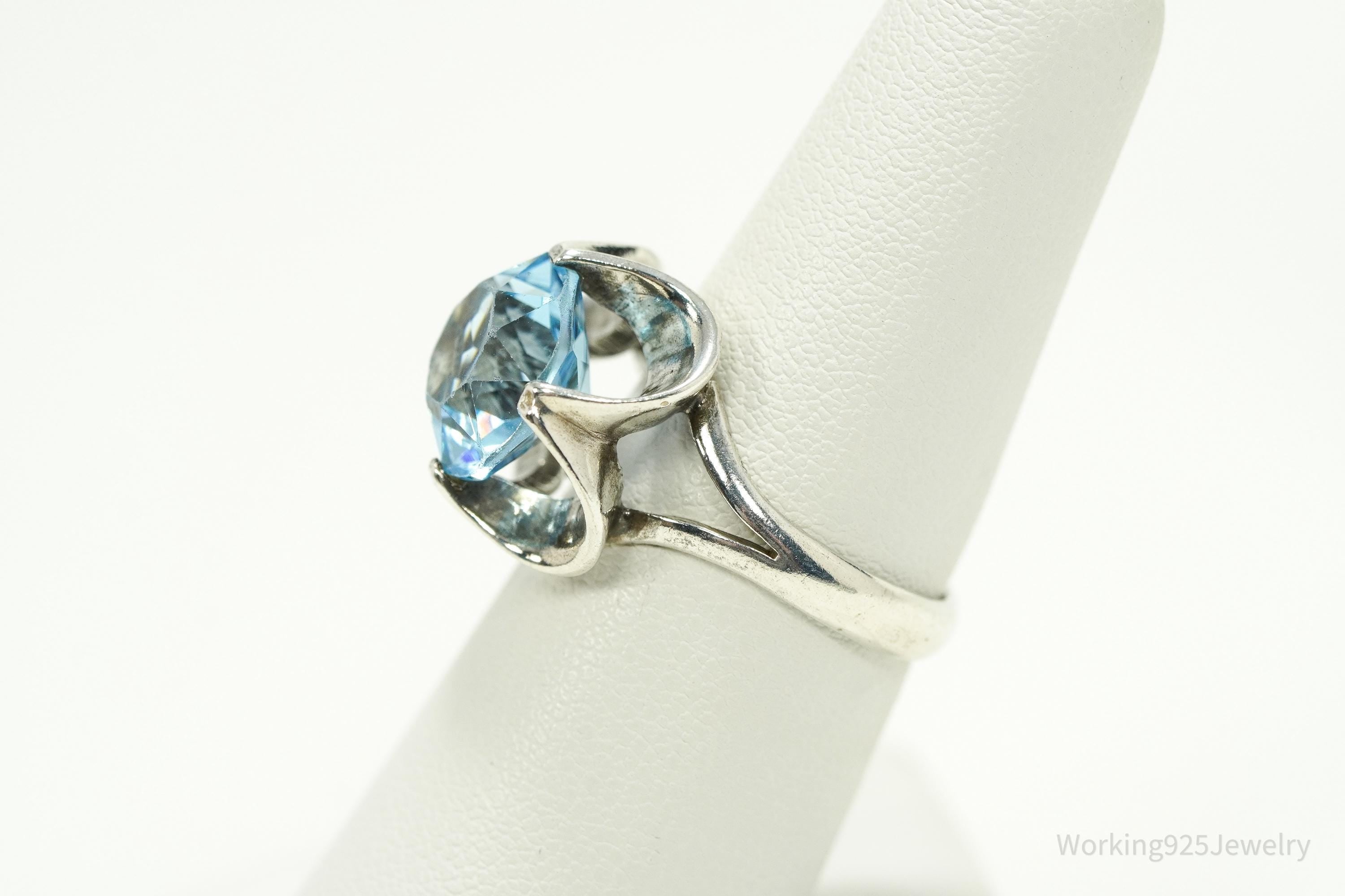 Vintage Blue Glass Stone Sterling Silver Ring - Size 6.75