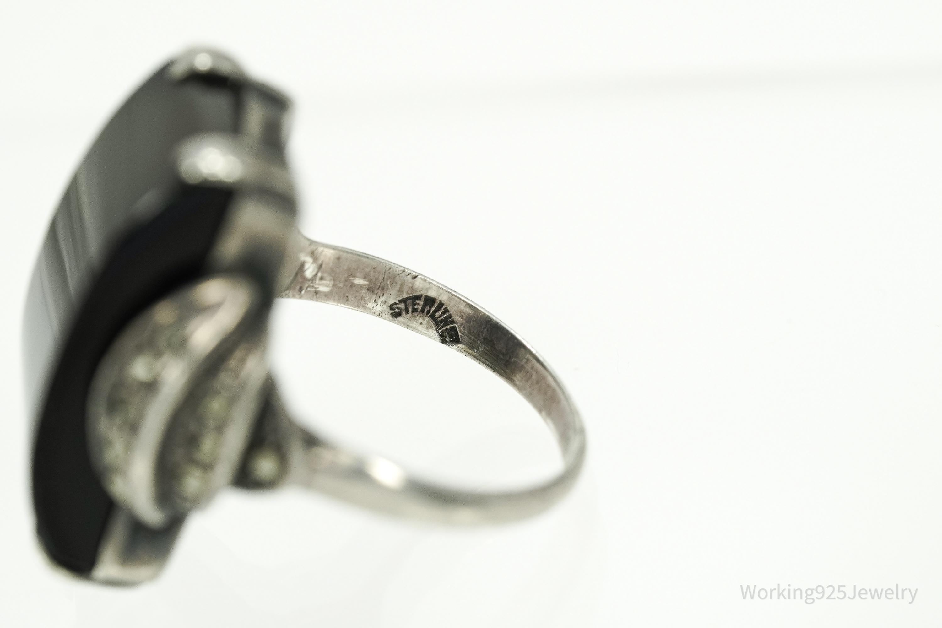 Antique Art Deco Black Onyx & Marcasite Sterling Silver Ring - Size 4.5