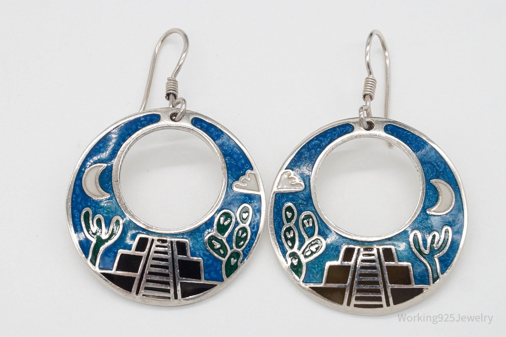 Vintage Taxco Storyteller Enamel Sterling Silver Earrings