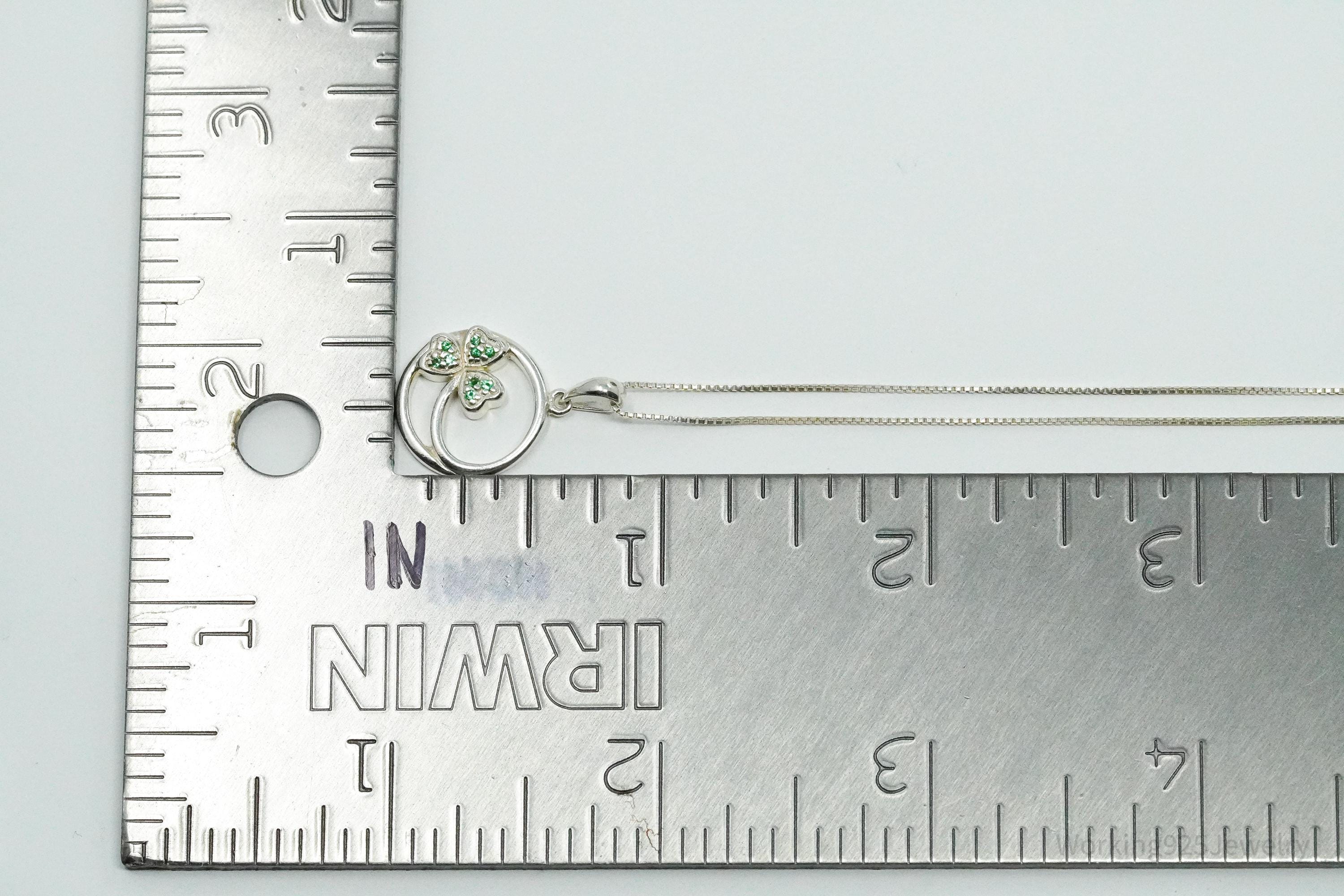 Vintage SOLVAR Three Leaf Clover Green Stone Sterling Silver Necklace - 16"