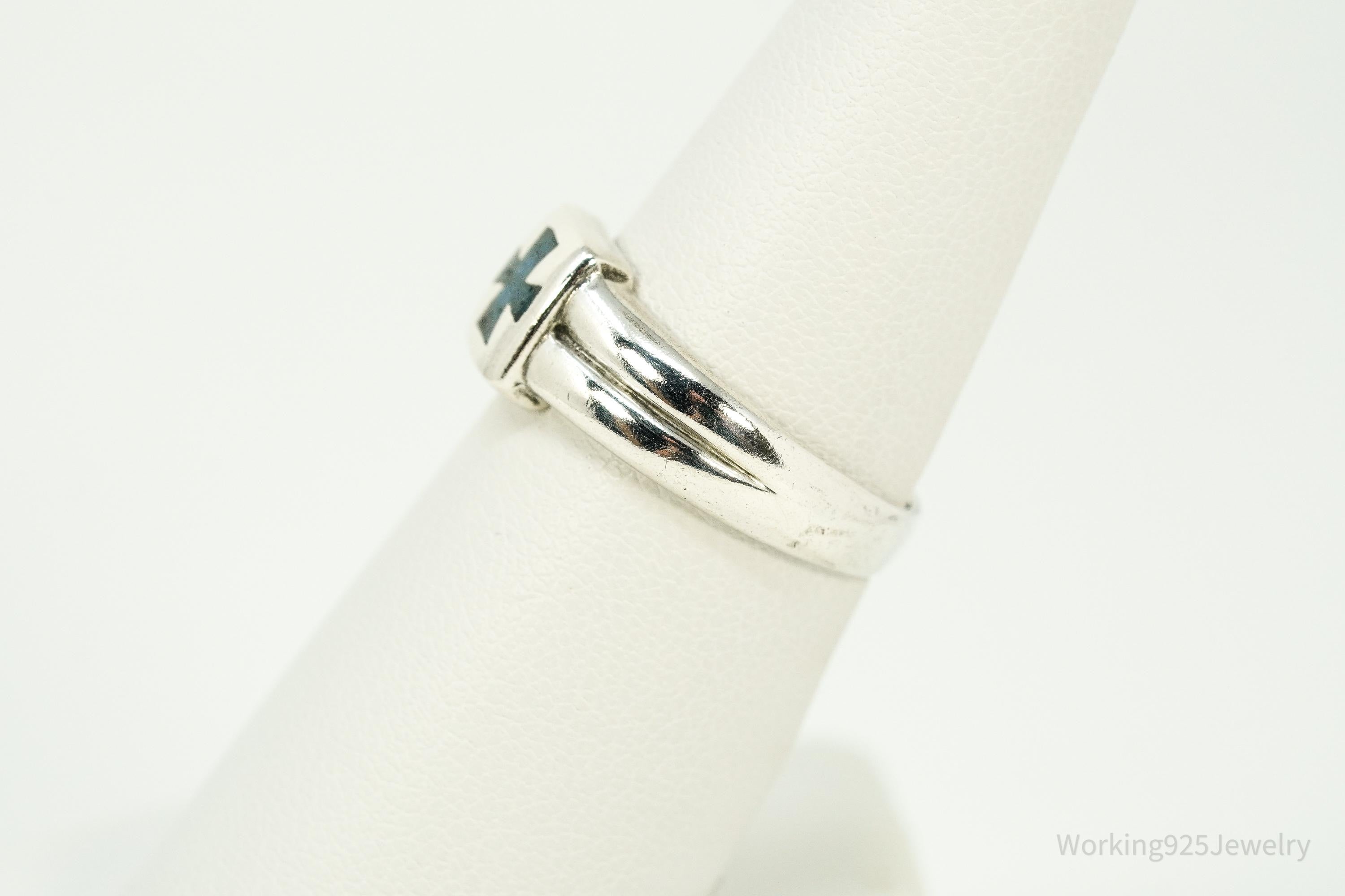 Vintage Blue Lapis Lazuli Inlay Cross Sterling Silver Ring - Size 6.75