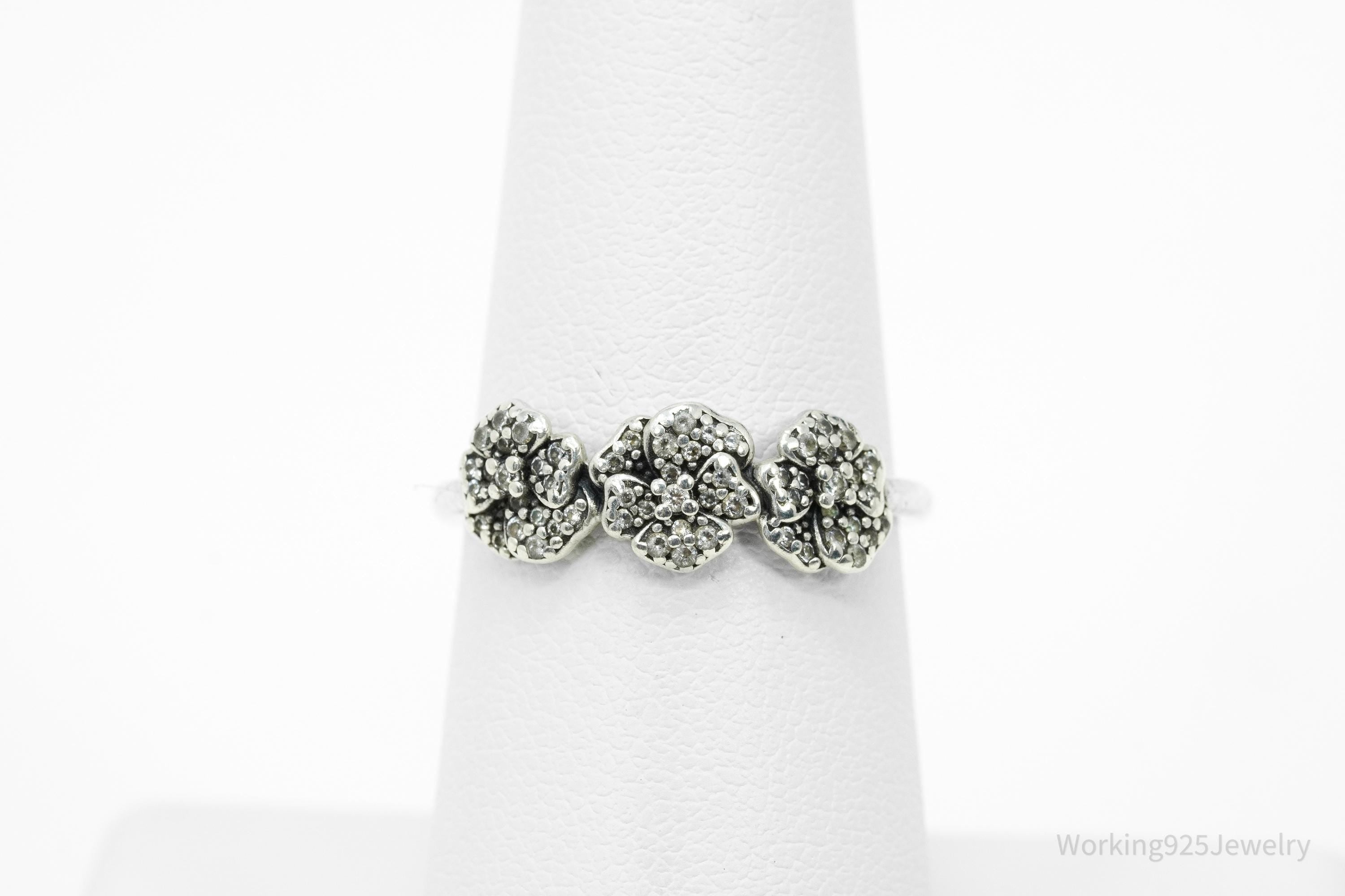 Designer Pandora Triple Pansies Cubic Zirconia Sterling Silver Ring - Size 6.75