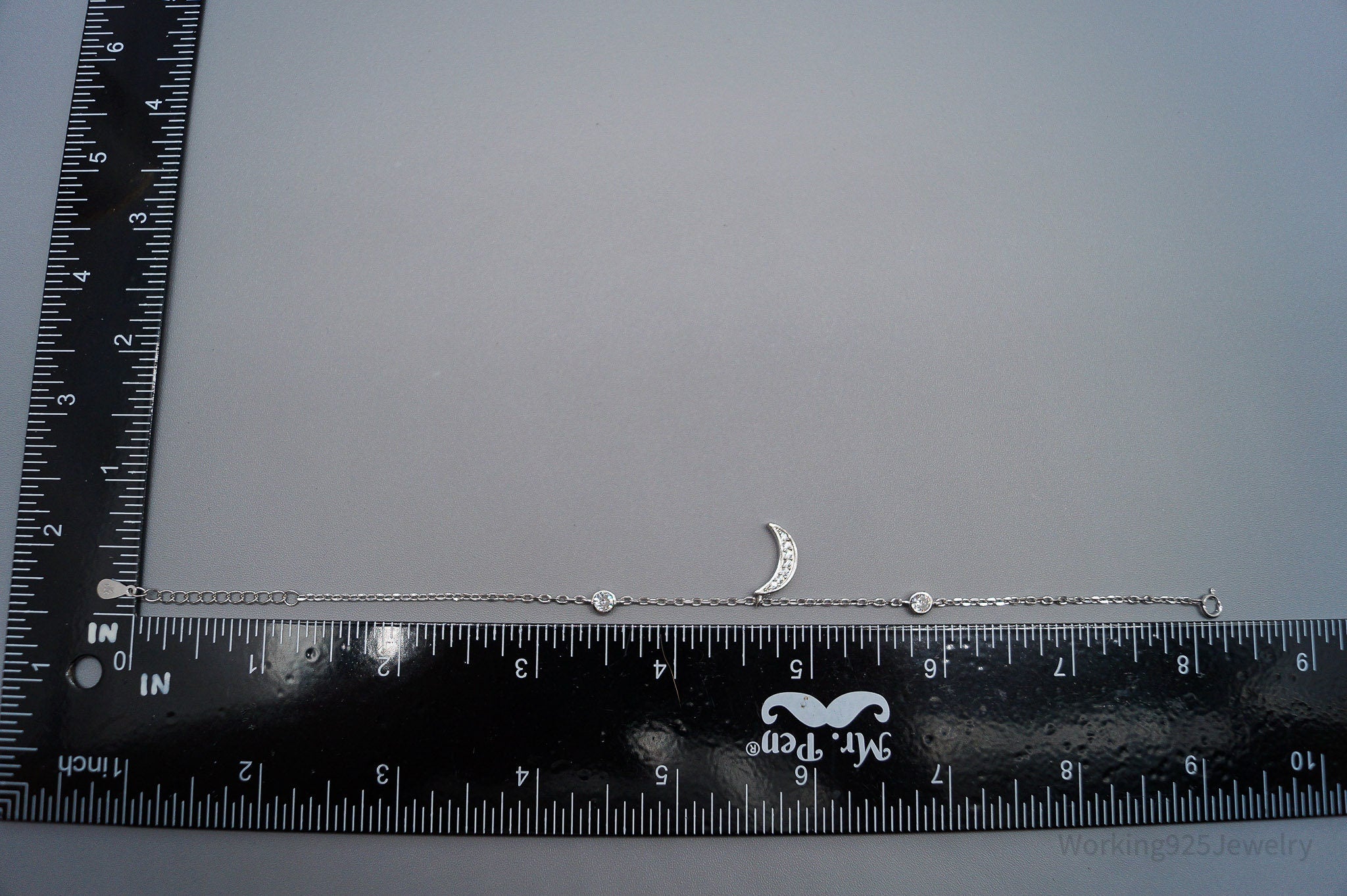 Vintage Cubic Zirconia Moon Charm Sterling Silver Bracelet - 8.25"