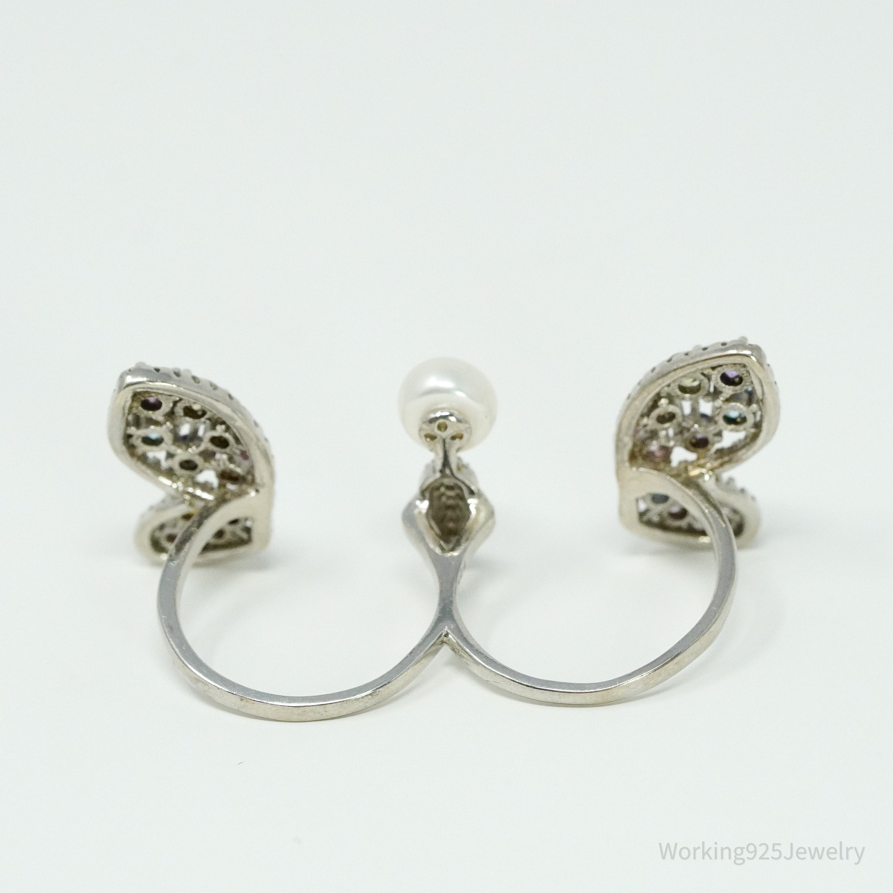 FZN Pearl & Multi Color Cubic Zirconia Butterfly Sterling Silver Ring - Size 7