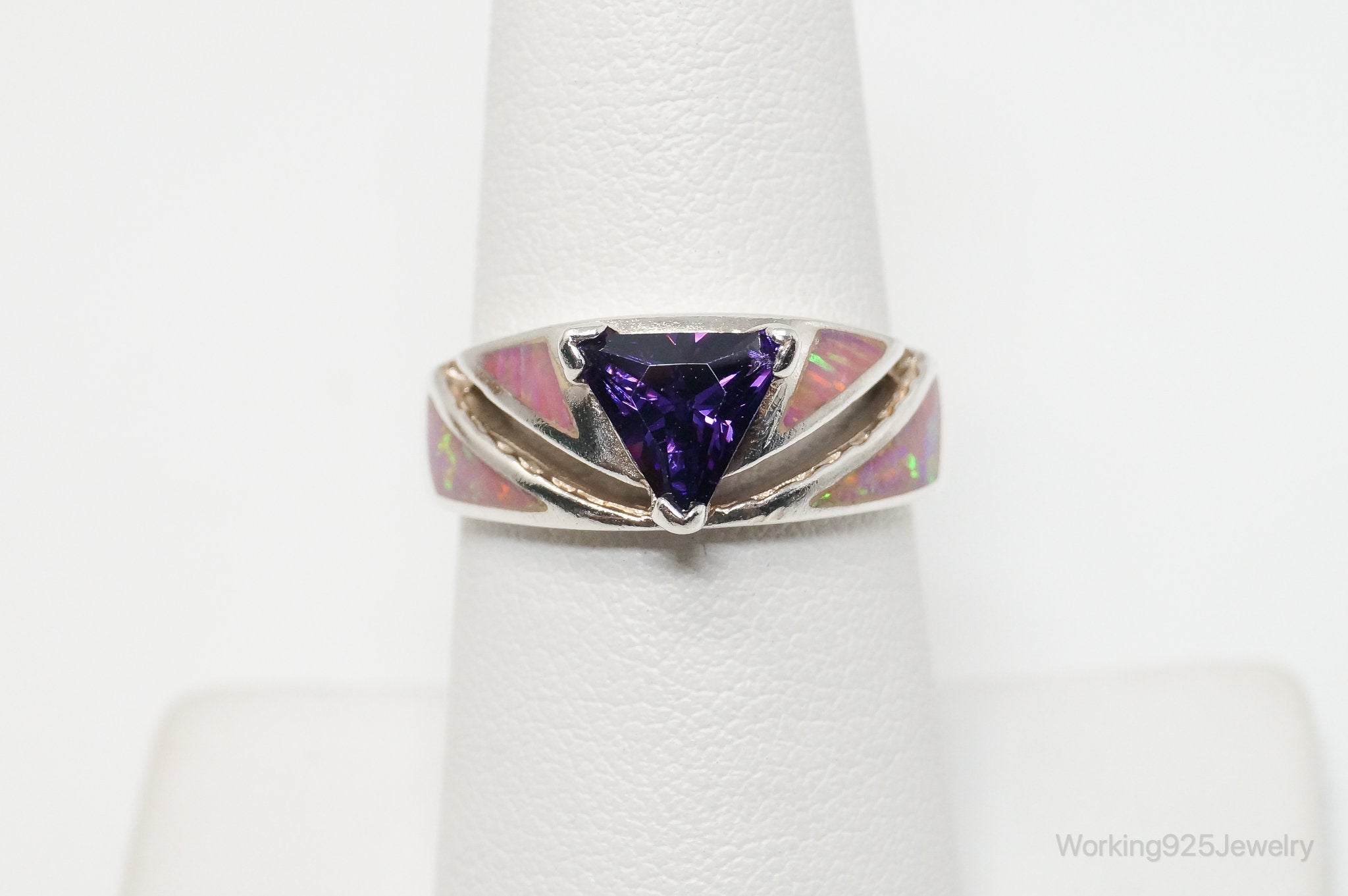 Vintage Mexico Purple CZ Ribbon Opal 950 Silver Ring - Size 7.25