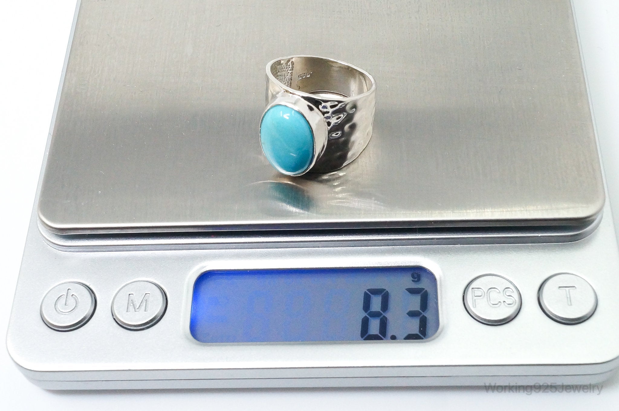 Vintage Turquoise Hammered Southwestern Sterling Silver Ring - Size 6.5