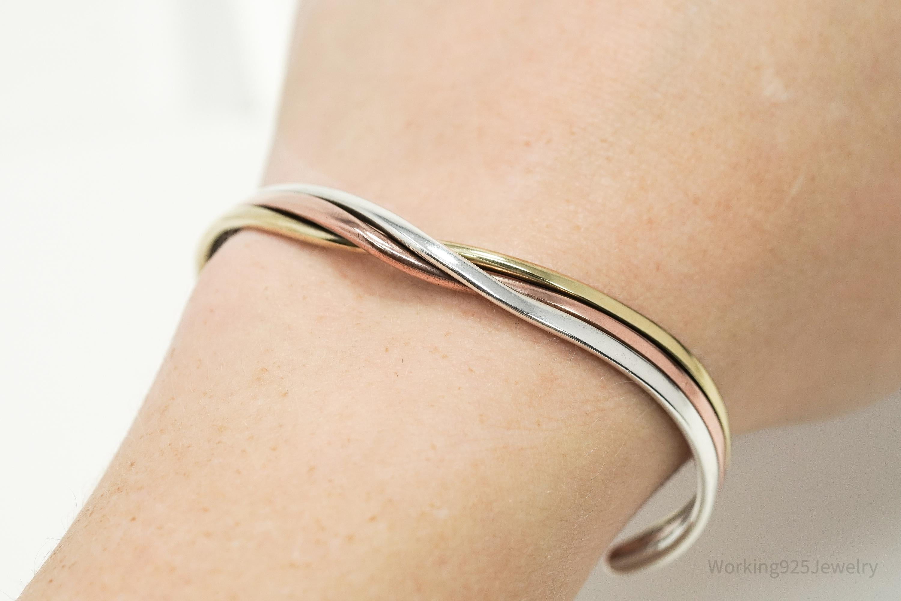 Vintage Three Metal Twist Sterling Silver Copper Brass Cuff Bracelet 6 3/8"