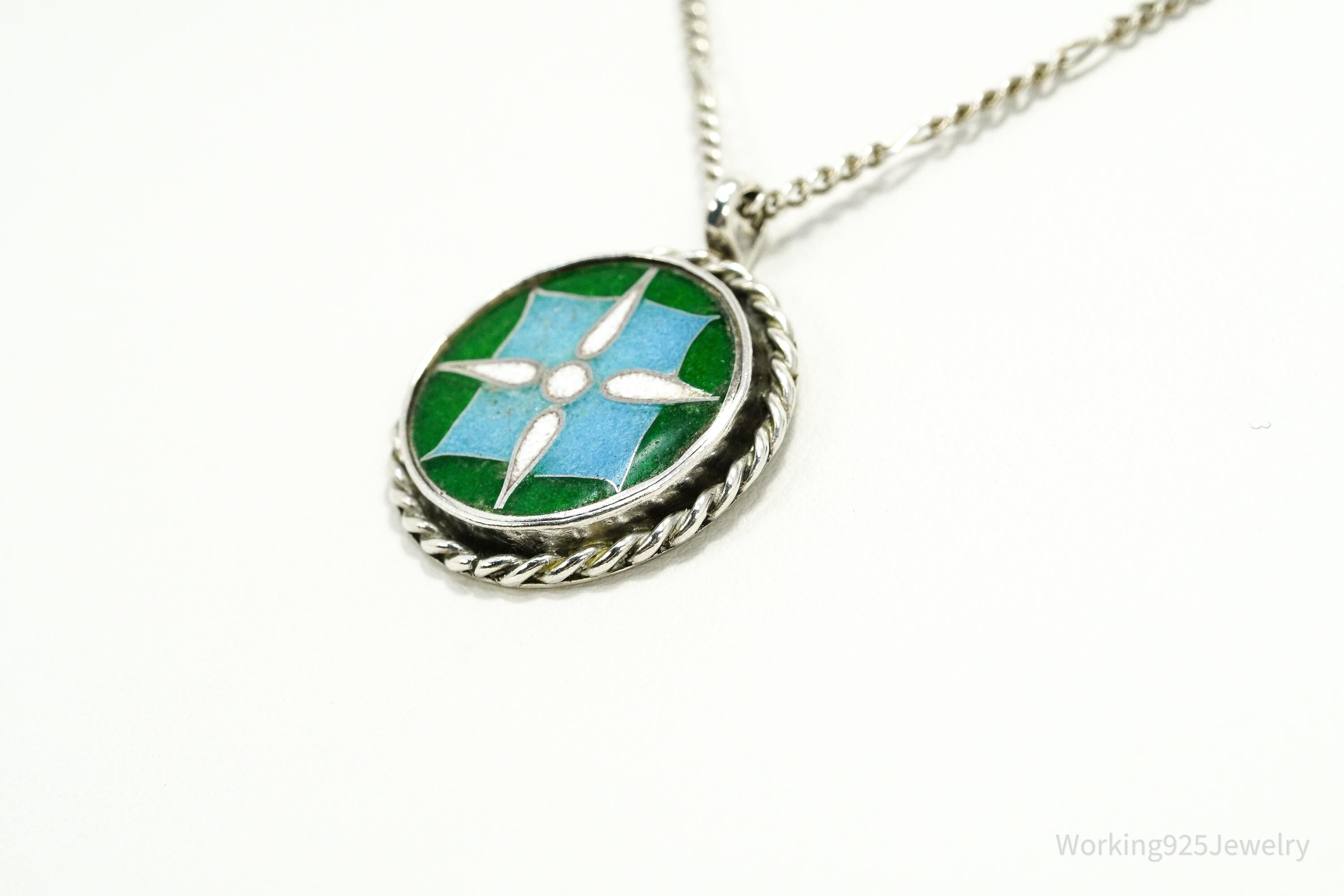Vintage Green, Blue & White Enamel Inlay Sterling Silver Necklace 18"