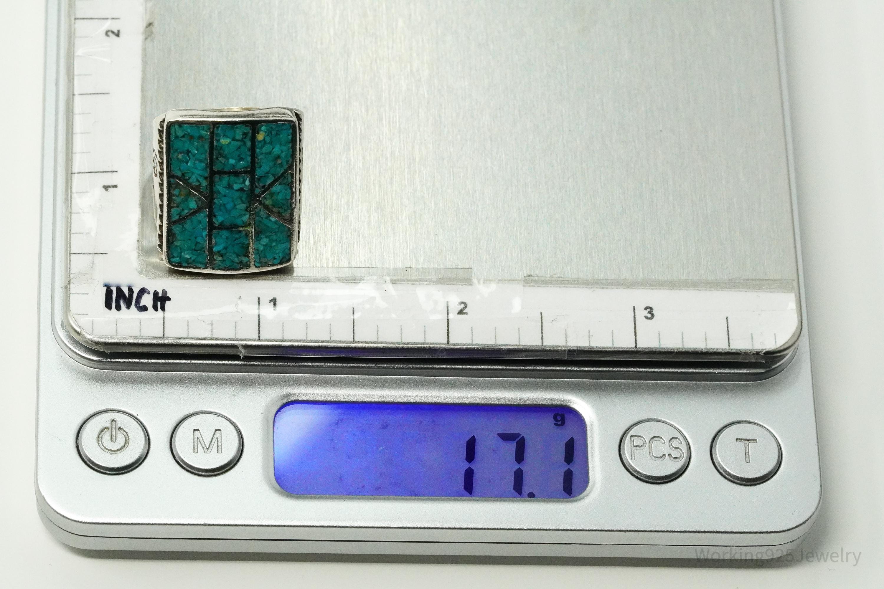 Vintage Native American Turquoise Inlay Unsigned Silver Ring - Size 7